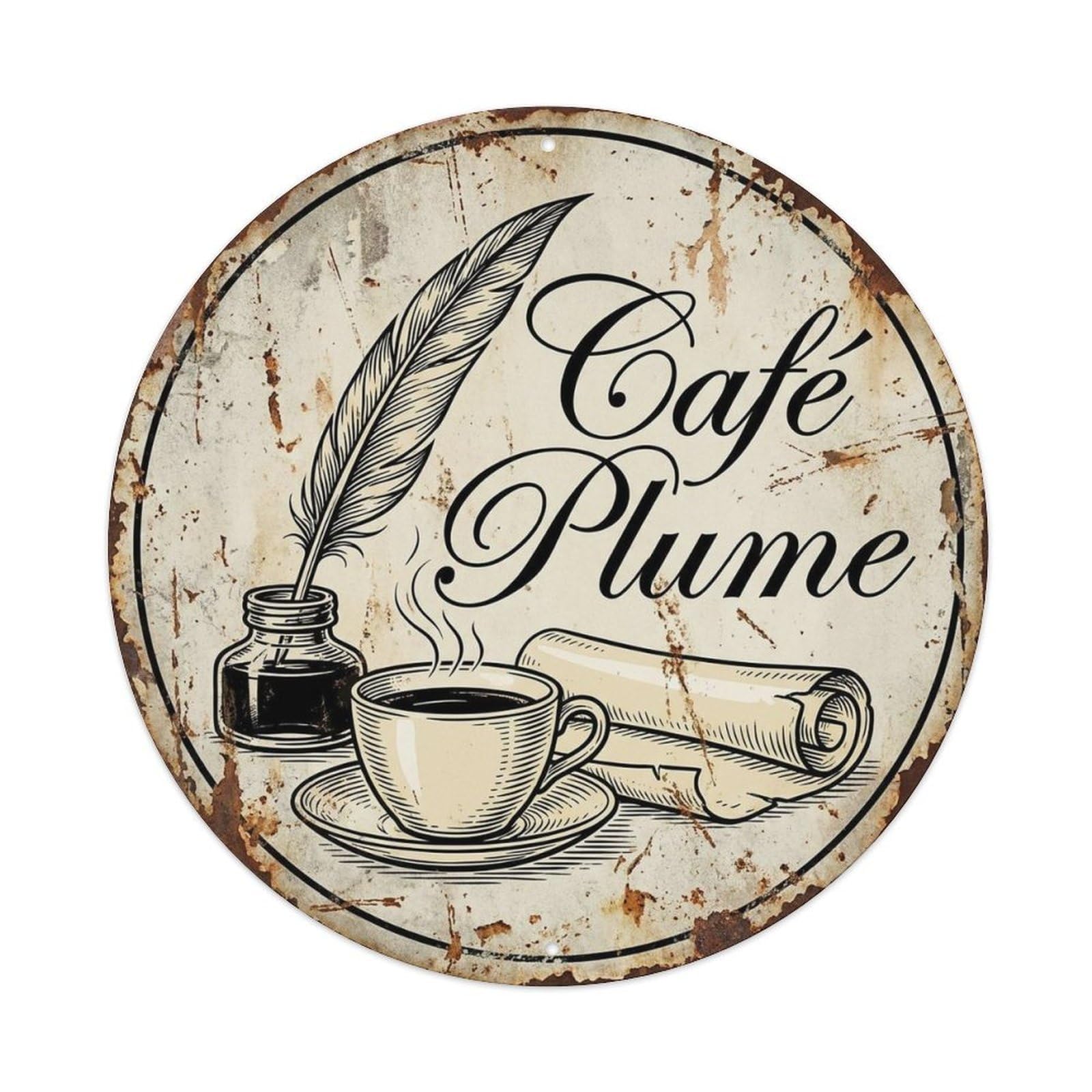 Quill Coffeehouse Inkwell Espresso Cafe Vintage Bistro Metal Tin Sign Plaque Wall Decor for Cafe, Man Cave, Club Bar, Office, Home Garden Round Metal Poster 8x8Inch