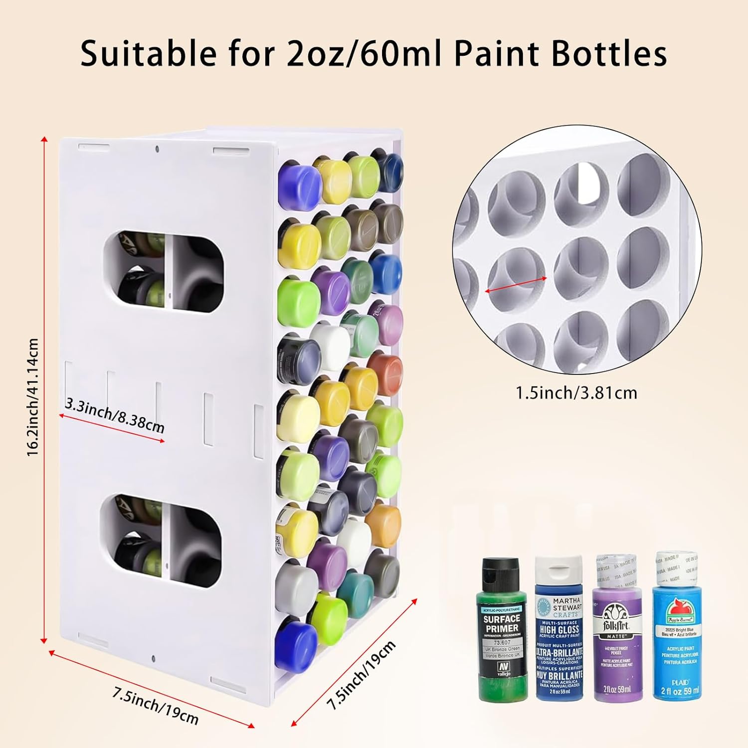 Acrylic Paint Organizer, 2 oz Craft Paint Holder Rack with 72 Holes, 360° Spining Craft Storage Organizer Tower for Apple Barrel, Folkart Desk Organizer