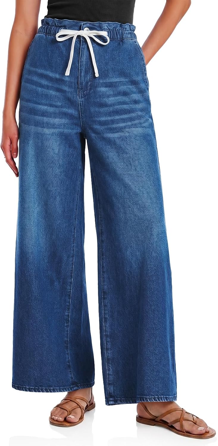 Flowyair Womens Drawstring Wide Leg Jeans Baggy Trendy Ruffle Elastic High Waisted Denim Pants with Pockets