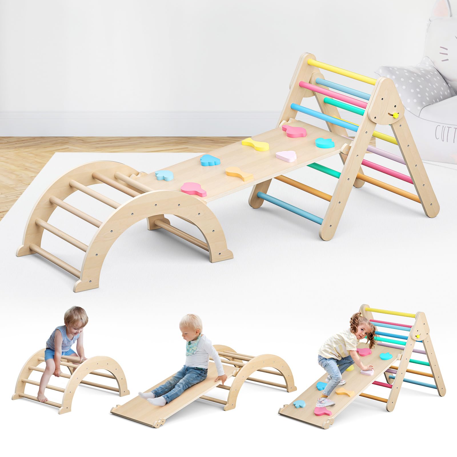 Krovtoy Rainbow Toddler Climbing Frame, Foldable Wooden Indoor Climbing Triangle Set with Ramp and Arch, Montessori Climber Toys Play Gym for Kids (Climbing frame 5in1)