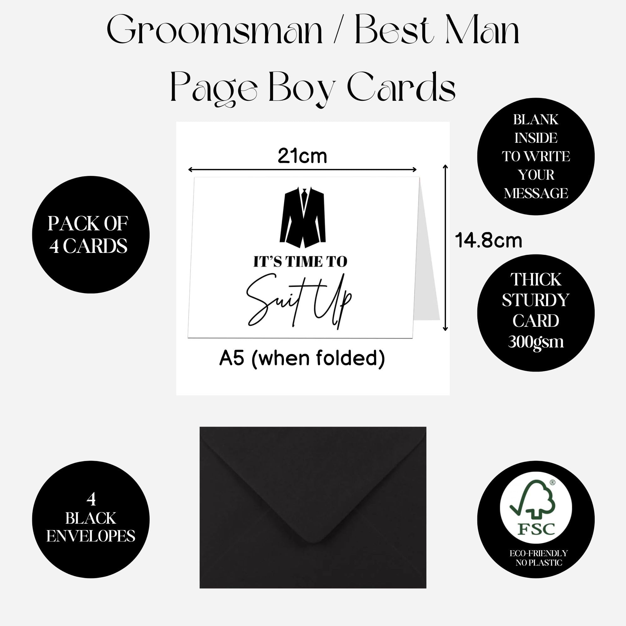 Groomsman Best Man Page Boy Proposal Wedding Cards Pack 4 With Black Envelopes A5 When Folded, White, Black - Image 2