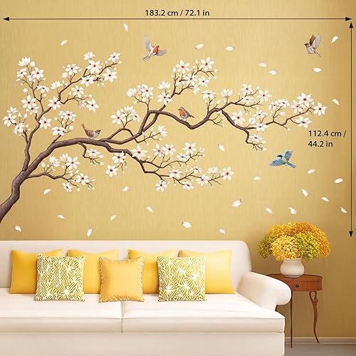 Miniatura 5 de DECOWALL SG4-2213 Oriental Flower Tree Wall Stickers Decals White Cherry Blossom Peel and Stick Bedroom Living Room Flower murals décor Floral Bird