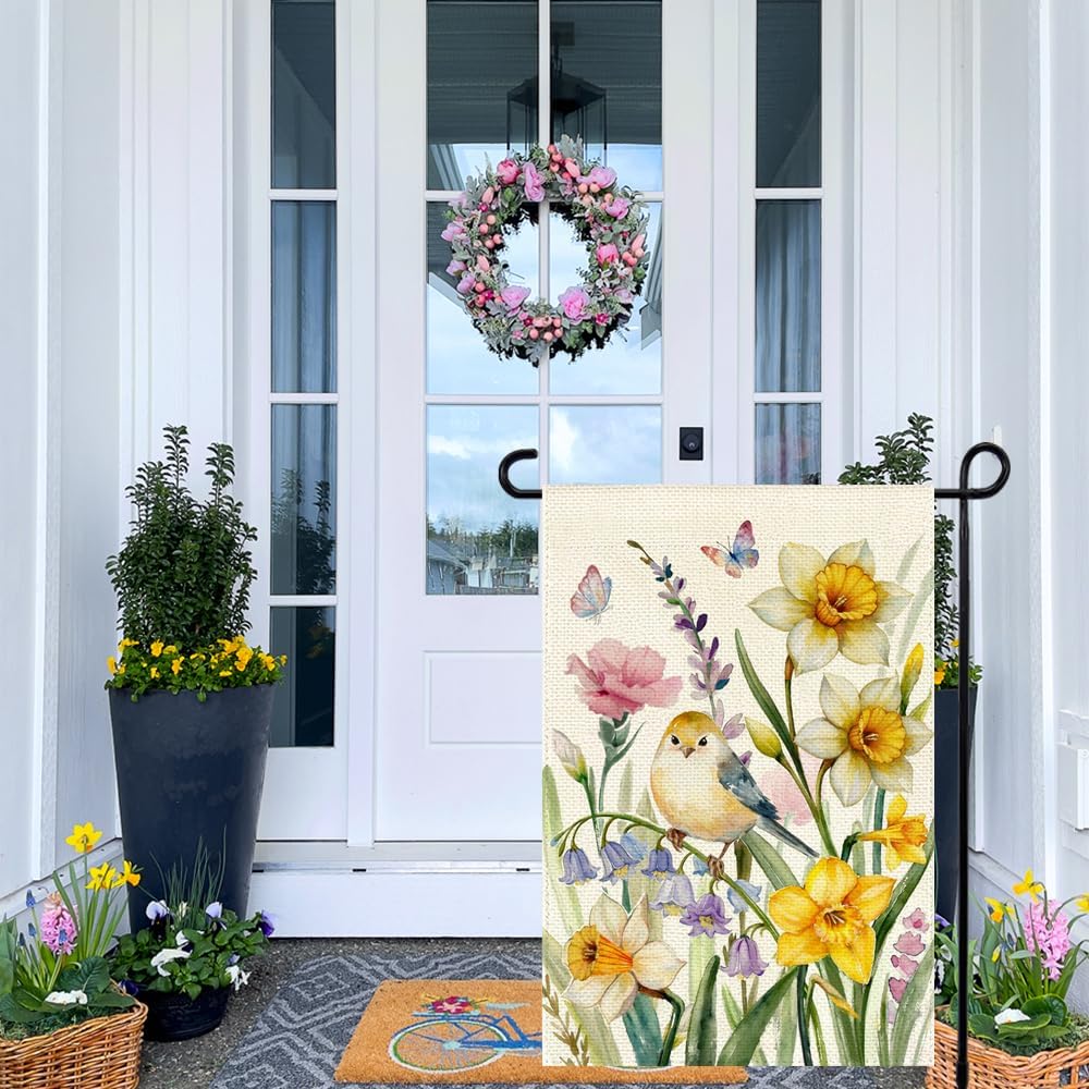 Spring Bird Daffodil Garden Flag 12x18 Inch Double Sided Outside Watercolor Flowers Seasonal Decorative Small Flag Outdoor Yard Porch Decoration - Image 3