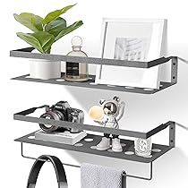Uten 2 Pezzi Mensole da Muro Metallo, 40CM Lungo Mensole da Parete con Portasciugamani, Design Moderne, Per Cameretta Cucina Salotto Bagno (Grigio)