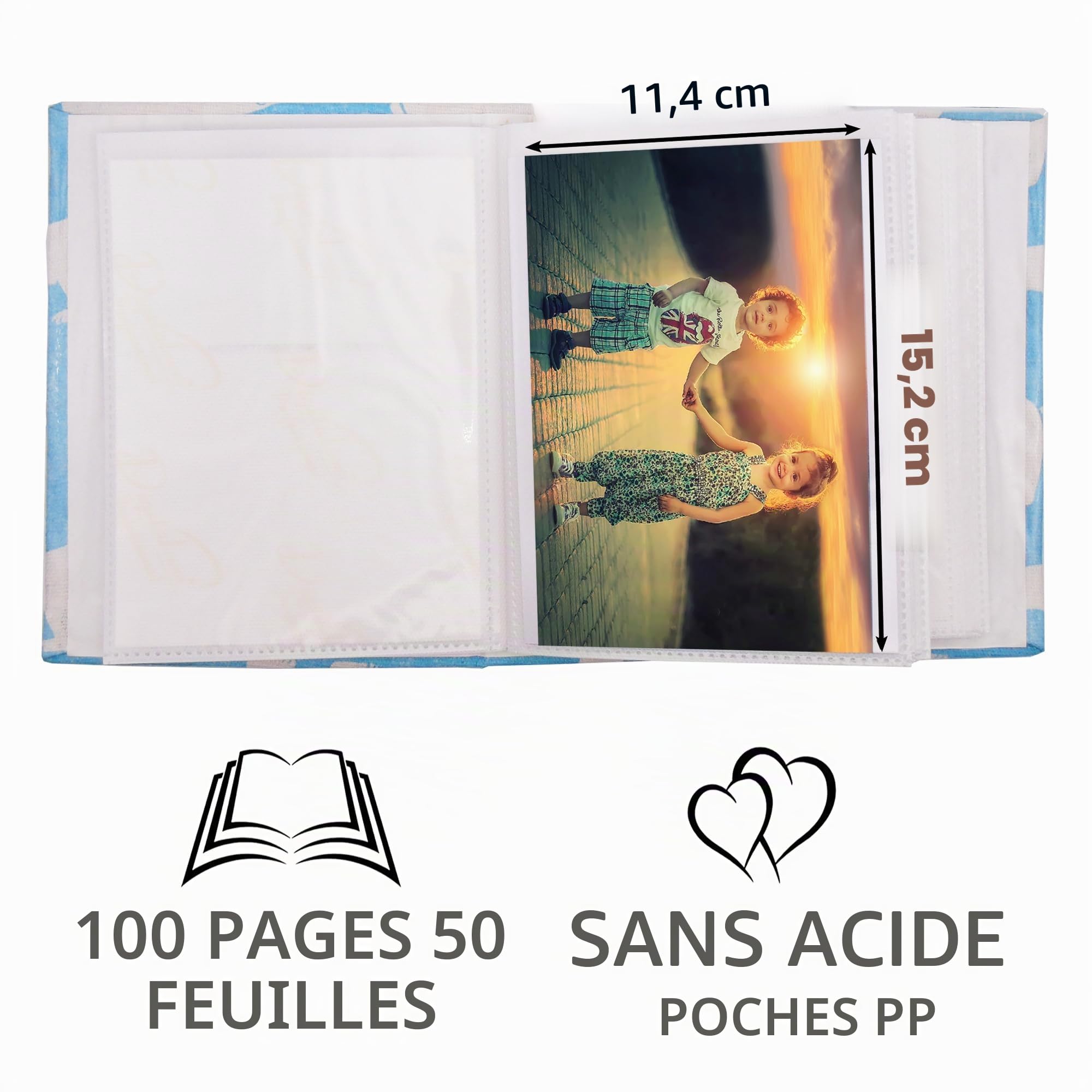 Petit album photo pour enfants, 100 pochettes, bibliothèque 10 x 15, album photo pour bébé, livre photo avec couverture en lin à glisser pour la famille (Dinosaure)