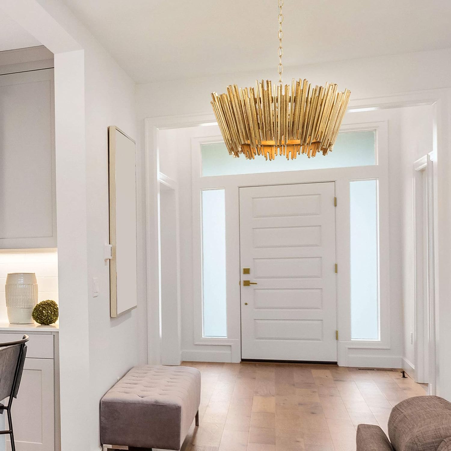 Gold Chandelier, Modern Farmhouse Chandelier, Dining Room Lighting Fixtures Hanging with Wood Framework and Gold Finish, Chandeliers for Dining Rooms, Kitchen, Foyer, Living Room, 20" D x 8" H