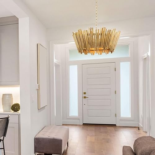 Miniatura 2 de Candelabro dorado, moderno candelabro de granja, accesorios de iluminación para comedor colgantes con marco de madera y acabado dorado, candelabros