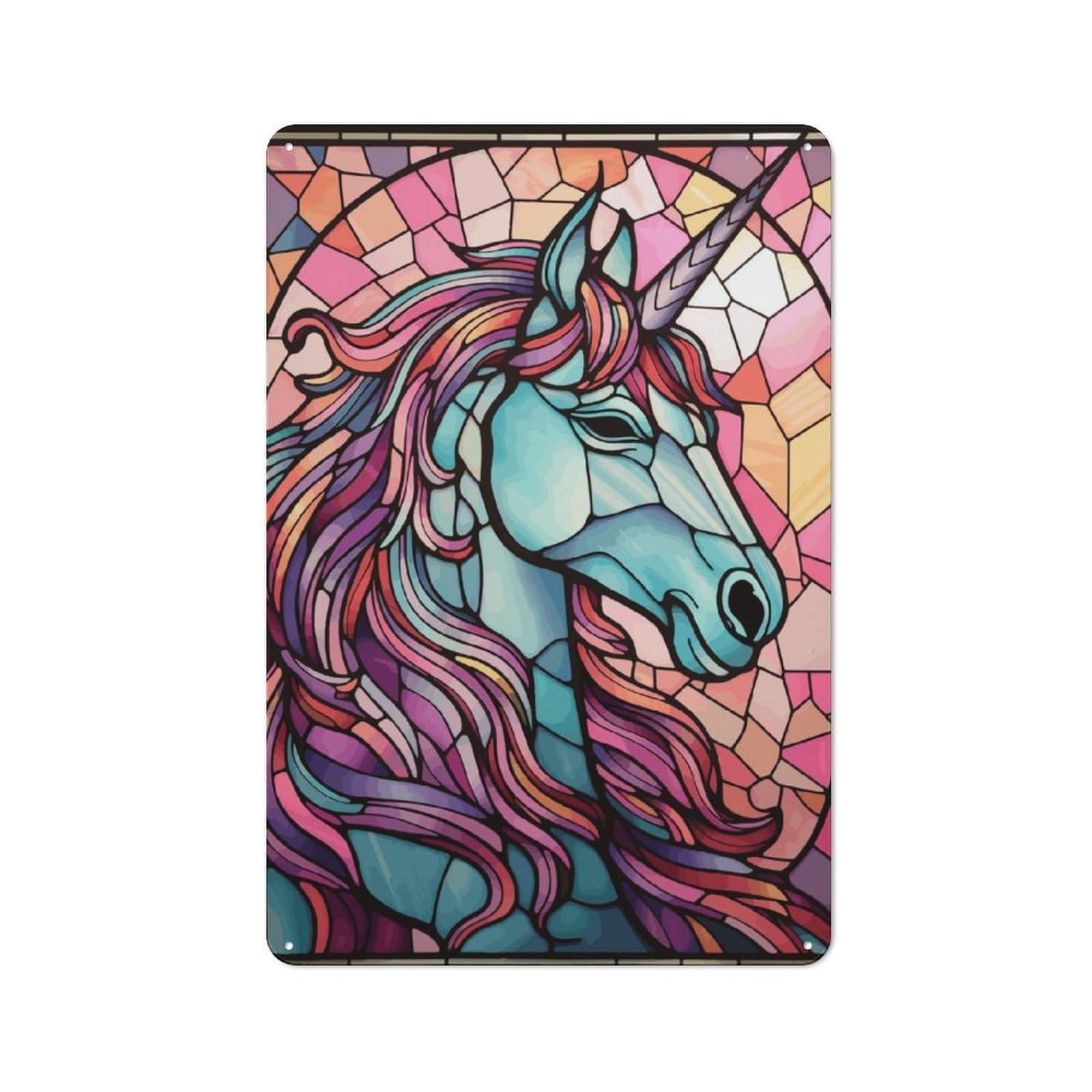 Unicorn Stained Glass Metal Wall Plaque, Easy to Hang Plaque for Home Cafe, Breakfast Area Or Pantry Wall, 30x20cm