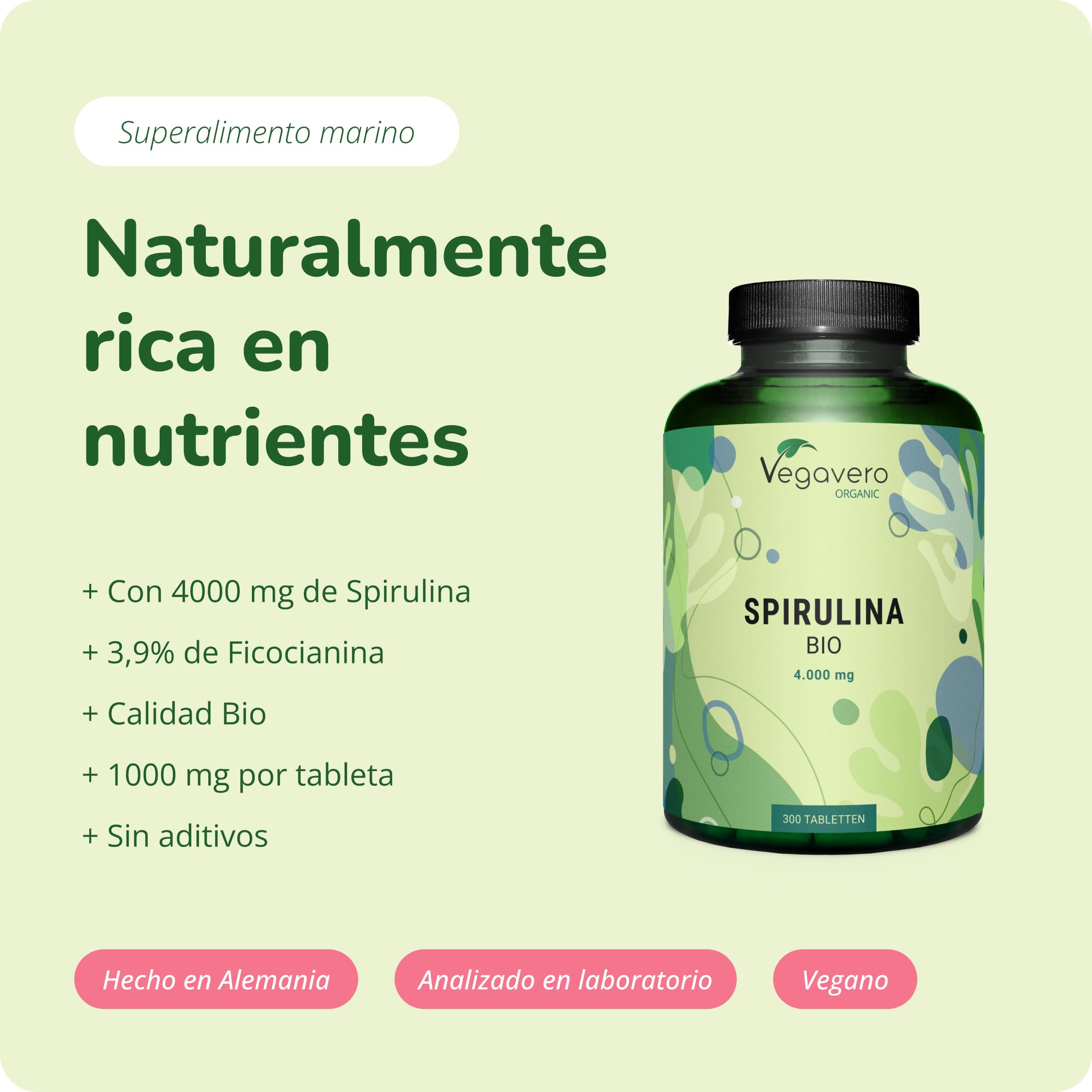 Espirulina Ecológica Vegavero | 1000 mg Dosis Diaria | Sin Aditivos & Orgánica | 300 Comprimidos | Apto Para Veganos | Alga Spirulina BIO