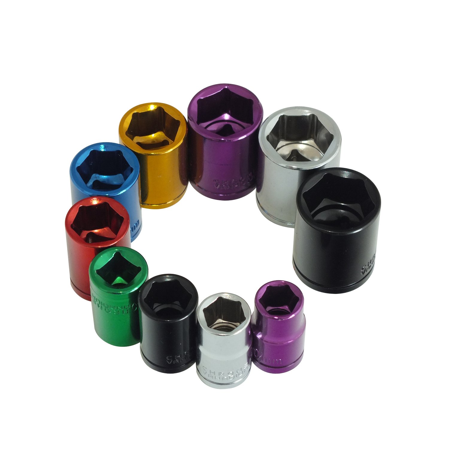 Voche Voche® 10 Piece 3/8" Shallow Coloured Chrome Vanadium Sockets On Rail