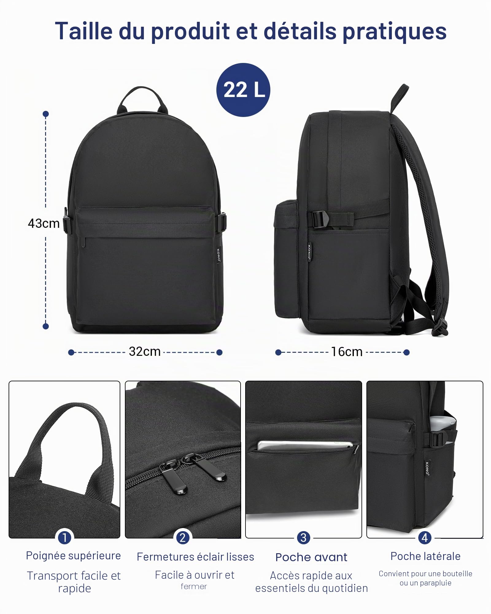 Kono Sac à Dos Scolaire Lycée Ado Étudiant Léger pour Garçon Fille, Sac d'École Travail Voyage, pour Collège et Université, Ordinateur Portable 15,6 Pouces