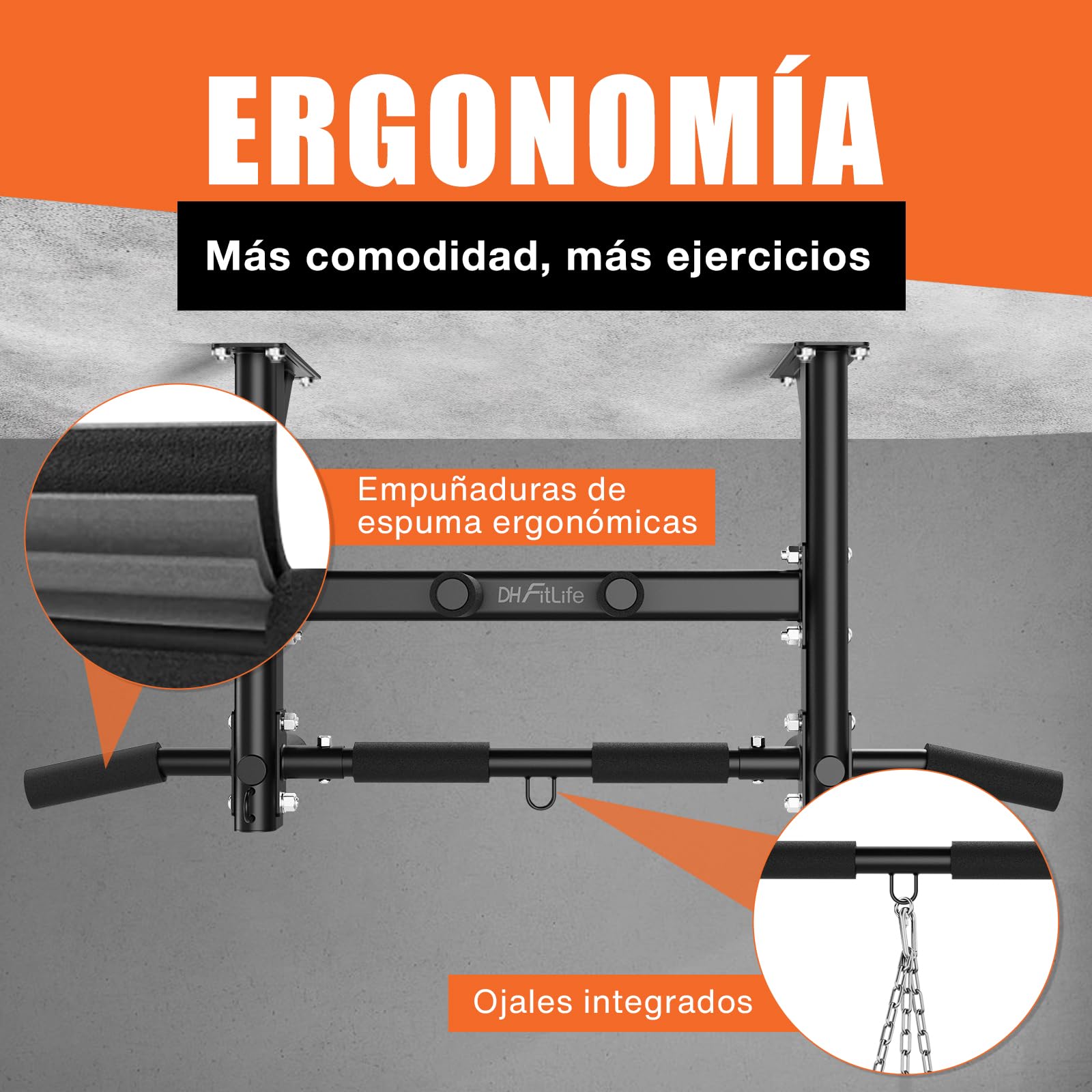 DH FitLife Barra Dominadas Techo 200 kg – Barra Multifuncional 4 en 1 para Calistenia y Gimnasio en Casa, 3 Ojales para Saco de Boxeo y Cintas de Suspensión
