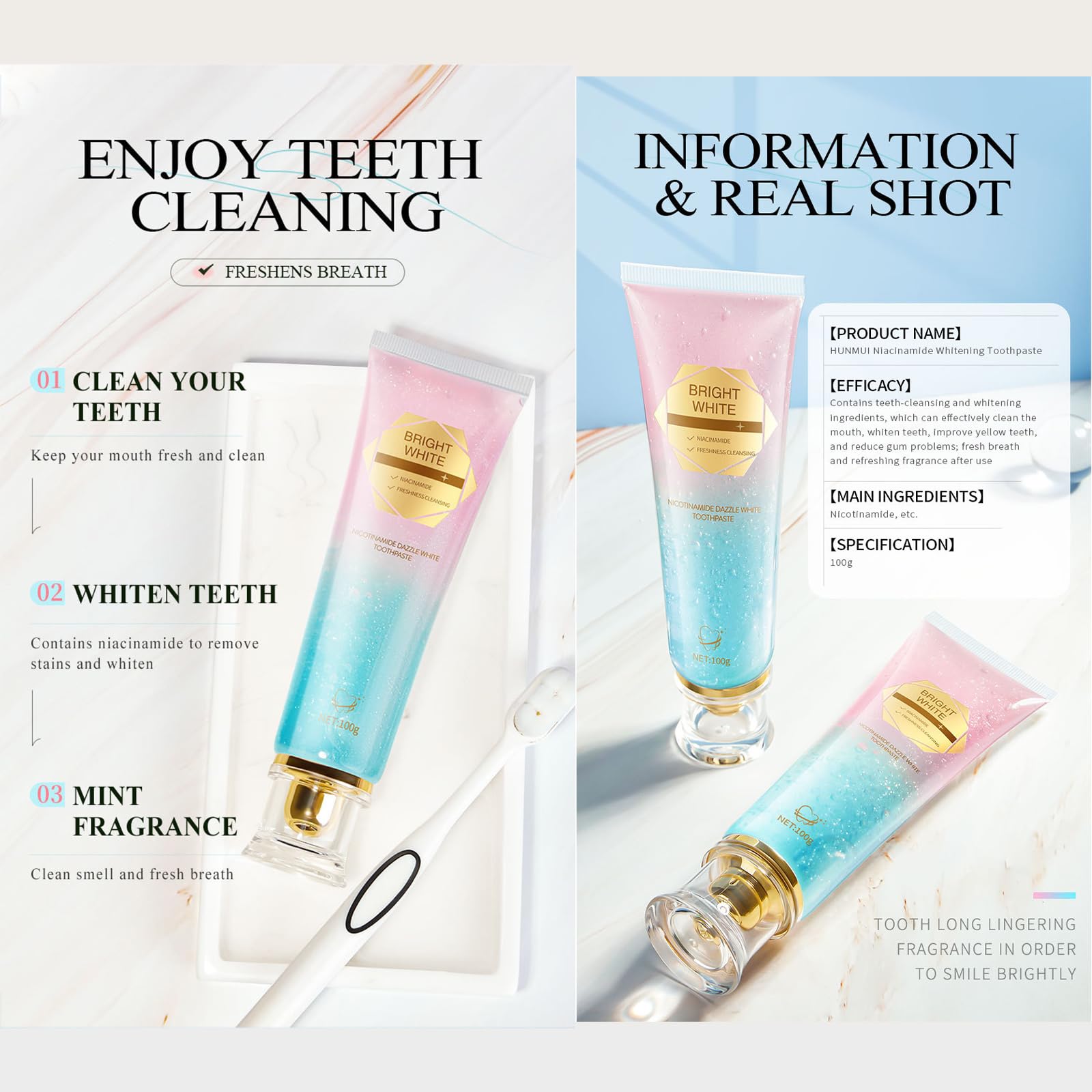 Pasta de dientes blanqueadora de niacinamida, blanqueamiento dental, eliminación de manchas, protección del esmalte dental y aliento fresco, mejora la salud de las encías, blanqueamiento intensivo con