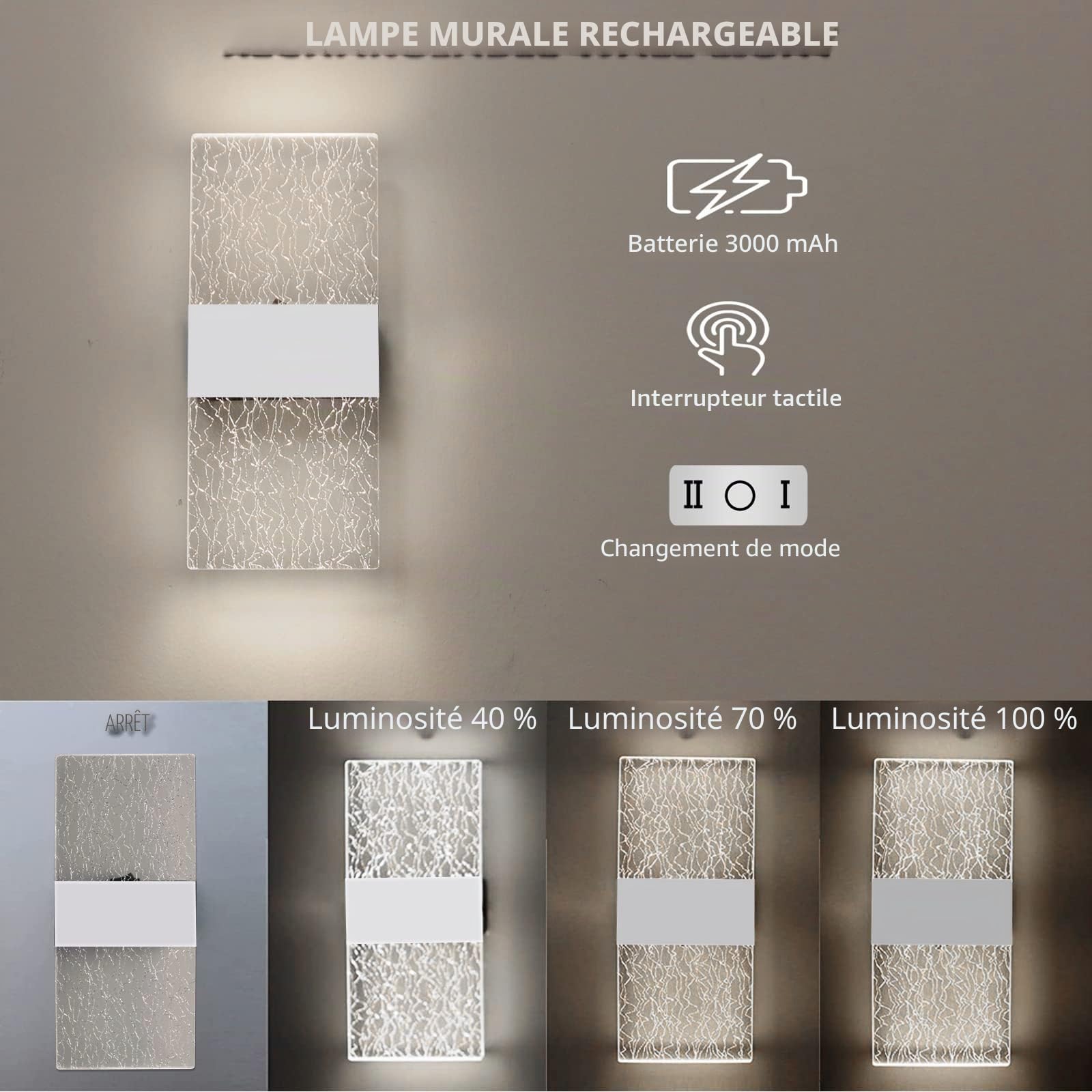 VOMI Lampe Murale à Piles, Applique Murale LED Sans Fil Rechargeable USB Magnétique Blanche Lot de 2 Lampe de Chevet Murale Chambre, 6000K Éclairage Mural Contrôle Tactile 3 Luminosité Réglable