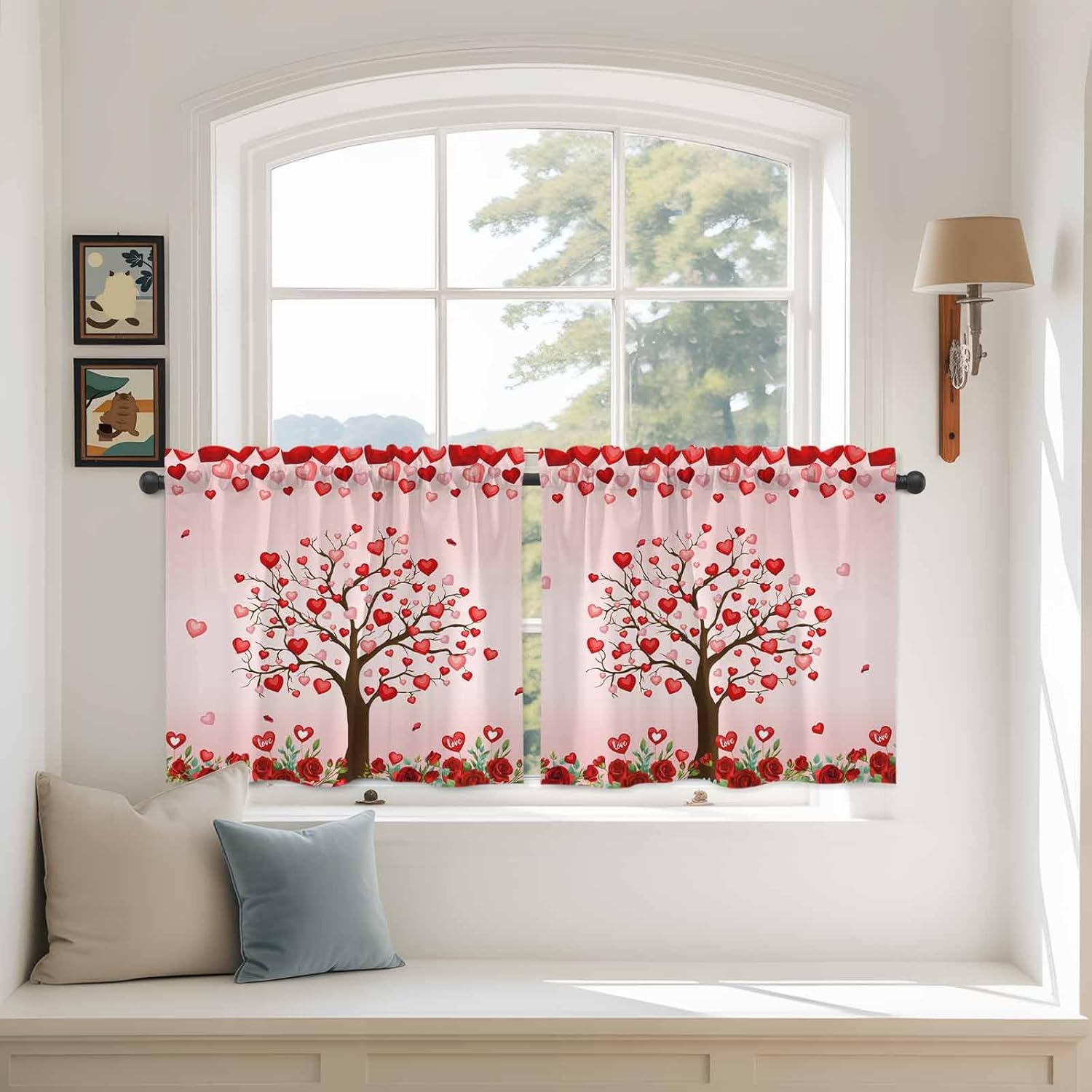 Valentine's Day Kitchen Tier Curtains 36 Inch Long 2 Panel Set,Rod Pocket Half Window Curtains Over Sink,Pink Romantic Red Love Trees Roses Light Filtering Short Drapes for Bathroom Cafe 27.5"W x 36"L