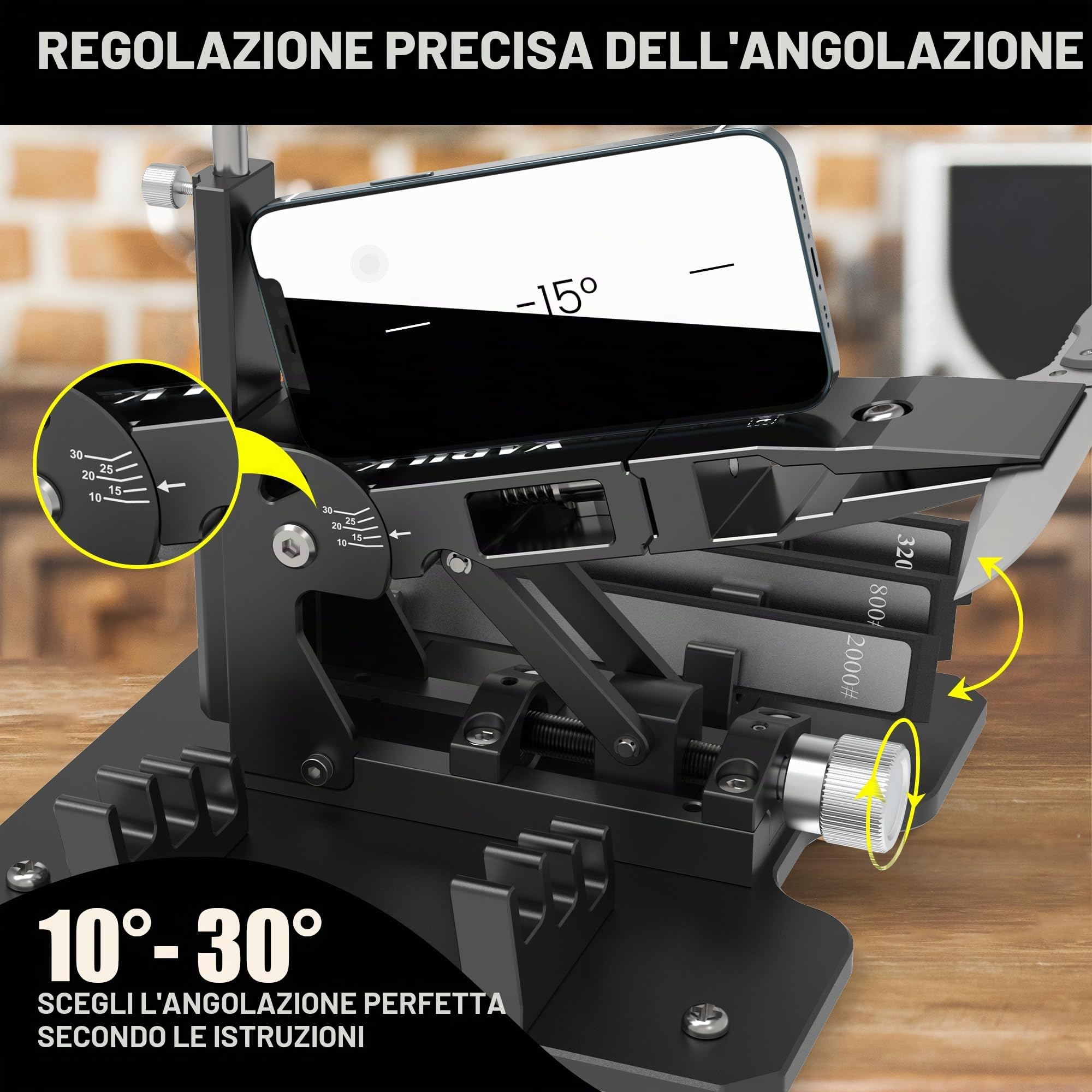 GEN2 - Sistema professionale per affilare i coltelli | Lega di alluminio, grana 320/800/2000, 3 piastre diamantate, angolo regolabile, affilatura di precisione