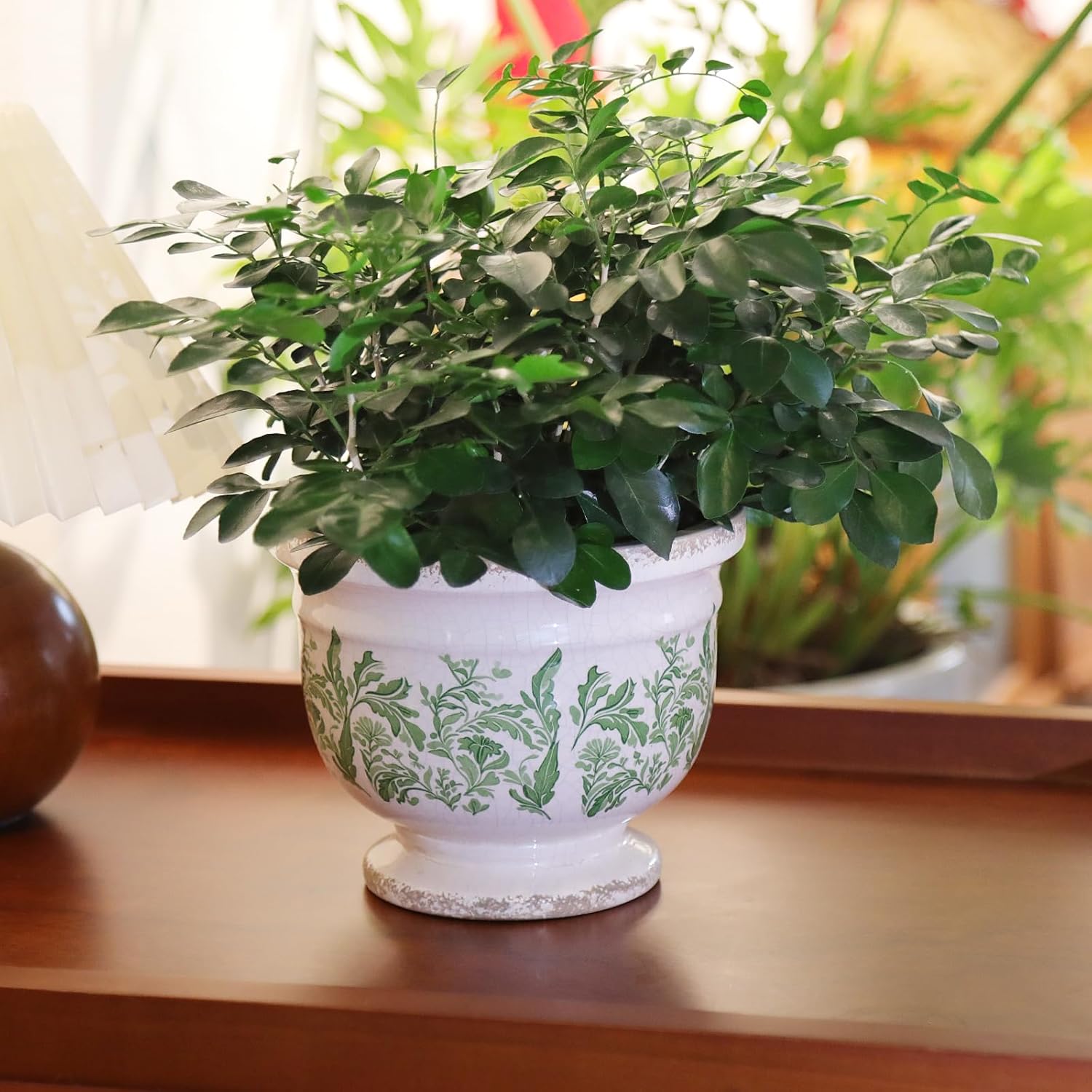 Vintage Ceramic Planter Pot with Drainage, 6.8 Inch Large Crackle Glaze Flower Pot with Green Floral Leaf Pattern for Succulents, Flowers, Farmhouse Country Rustic Planters for Gardening Gift