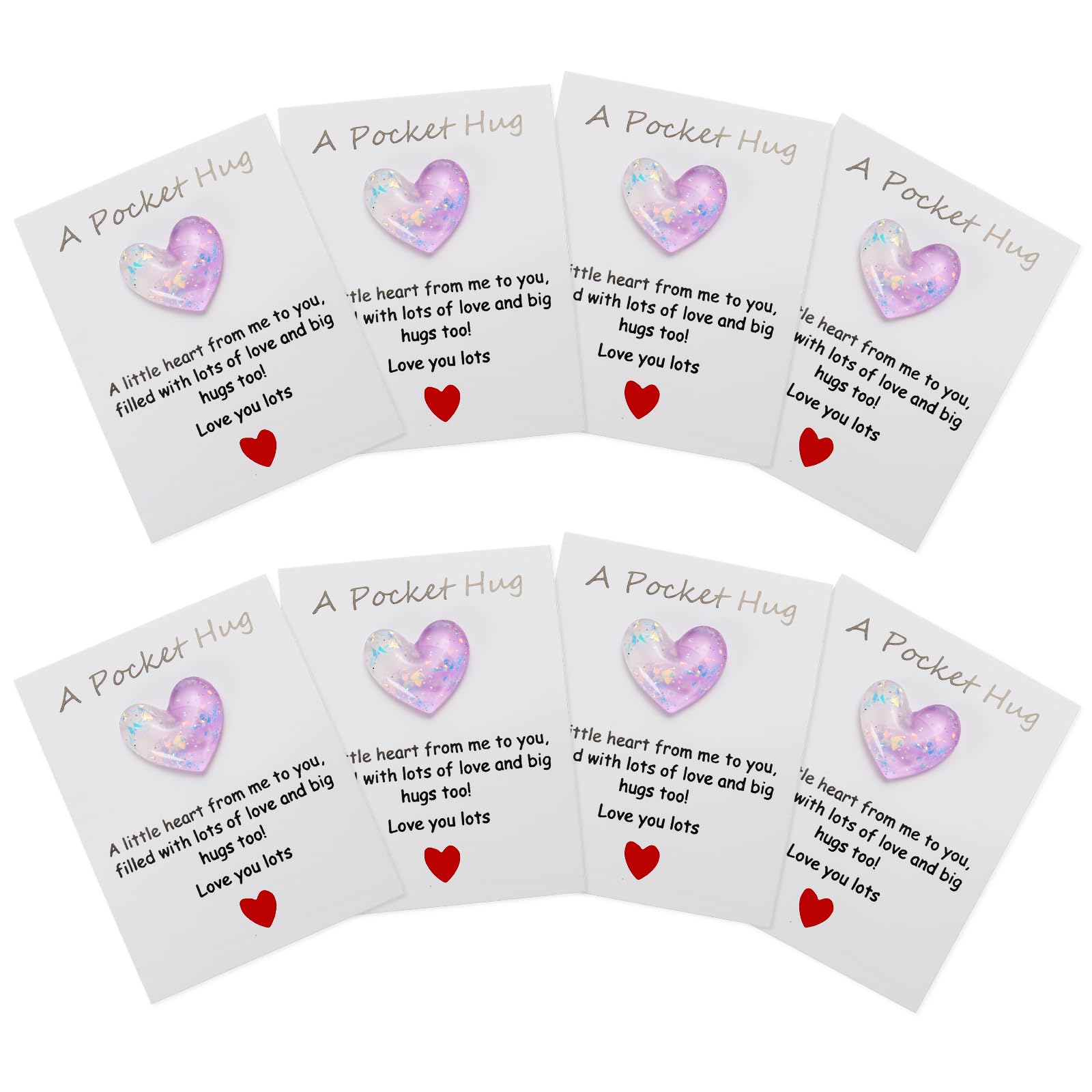 PATIKIL 8 Pack Pocket Hug Heart with Greeting Card, Pocket Hug Token Love Cards Cute A Little Resin Heart Shape Bulk for Friends Long Distance Relationship Gifts, White Purple
