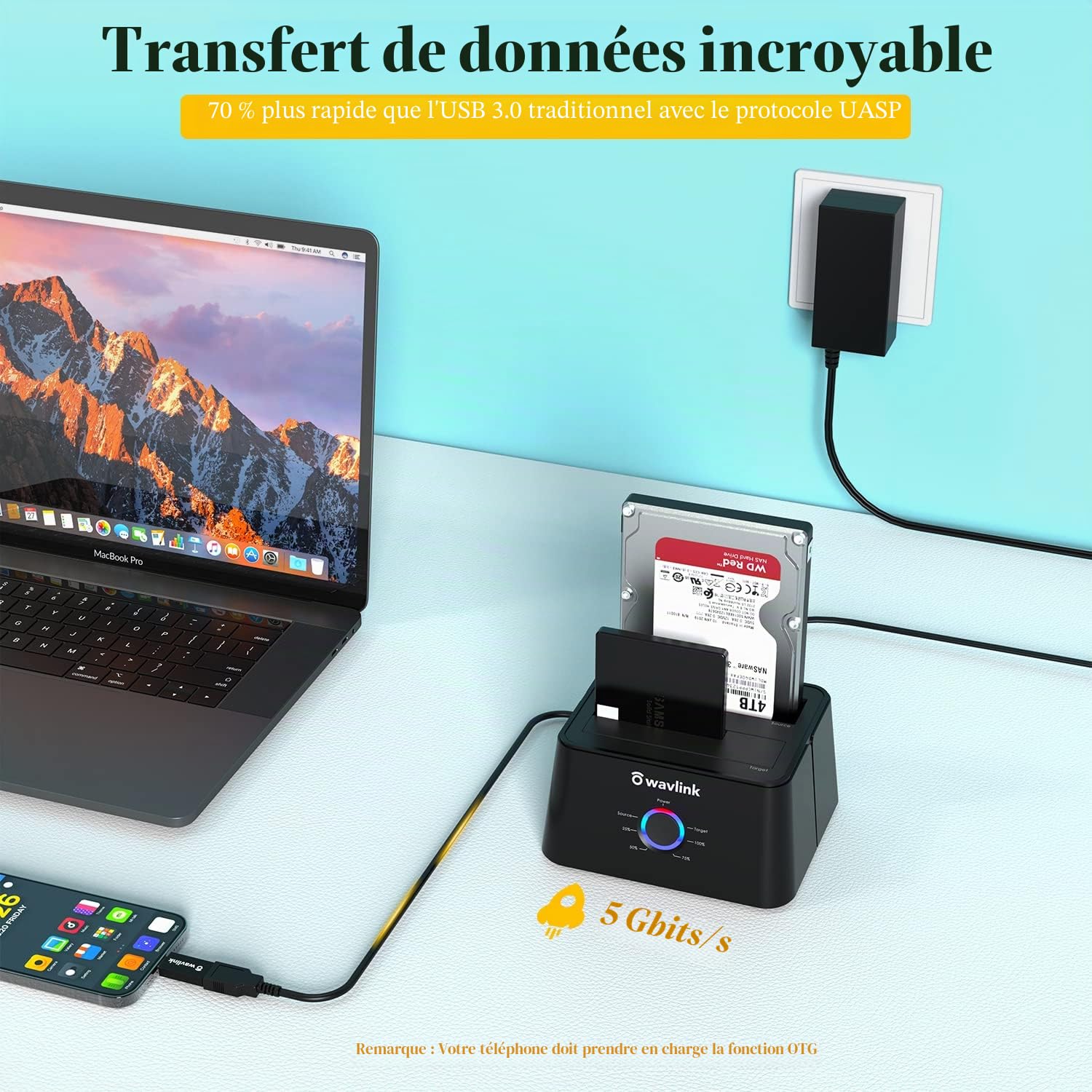 WAVLINK Station d'accueil USB 3.0 vers SATA Double Baie pour Disque Dur SATA 2,5" et 3,5" SATA et SSD, UASP optimisé et Prend en Charge la Fonction de clonage Hors Ligne