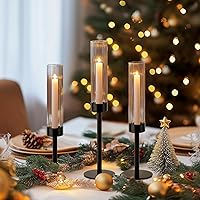 Vista 3 de Portavelas color negro, juego de 6 portavelas cónicos de cristal, soportes de metal para velas a granel con cubierta de vidrio acanalado para mesas