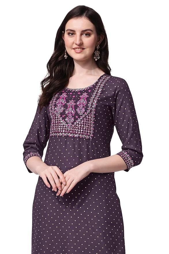 MIRCHI FASHION Women's Straight Fit Rayon Sequins Embroidered and Polka Dots Printed Kurti Only