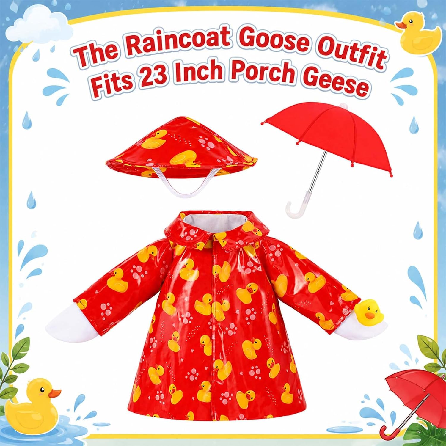 JcHrmers Summer Goose Outfit Porch Goose Raincoat Outfits 23" Yard Geese Rain Jacket with Hat Umbrella Duck for Geese Statue Outdoor Lawn Garden Patio Decor(Red) image 2