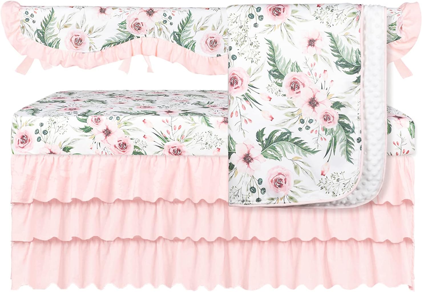 Sahaler Baby Crib Bedding Set for Boy Girls, Nursery Fitted Sheets Baby Fleece Plush Blanket 4 Pieces Set (Fern Leaf Bamboo 4 Pieces Set)