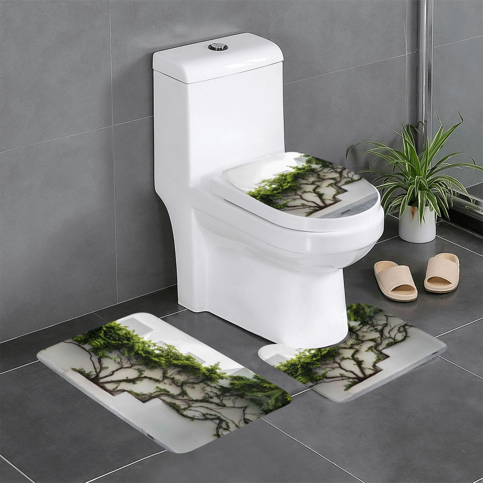 Tapis de salle de bain antidérapant 61x40 cm ensemble 3 pièces lierre vert pour WC et toilettes