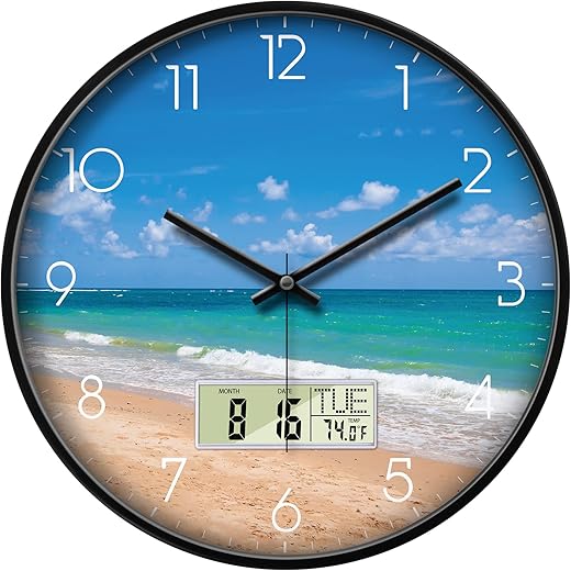 Modern Coastal Beach Wall Clock, 12 Silent Non-Ticking Battery Operated Analog Clock with LCD Date Day Temp Display, for Living Room Bedroom Office Kitchen Beach House Hotel Decor