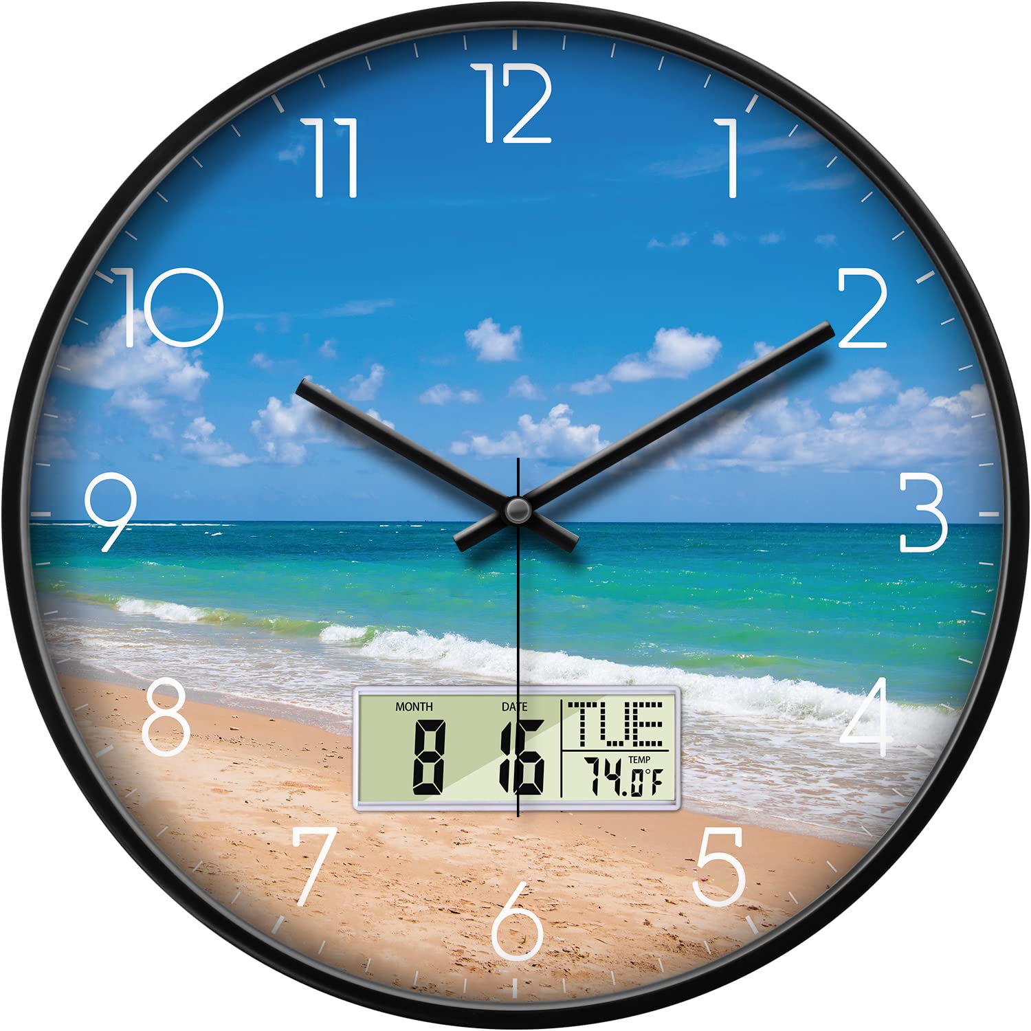 Silent Wall Clock with Date/Temperature/Day of Week LCD Display, 14'' Non-ticking Battery Operated Analog Wall Clock, Sea Beach Decorative Quartz Clock for Bedroom/Living Room/Kitchen