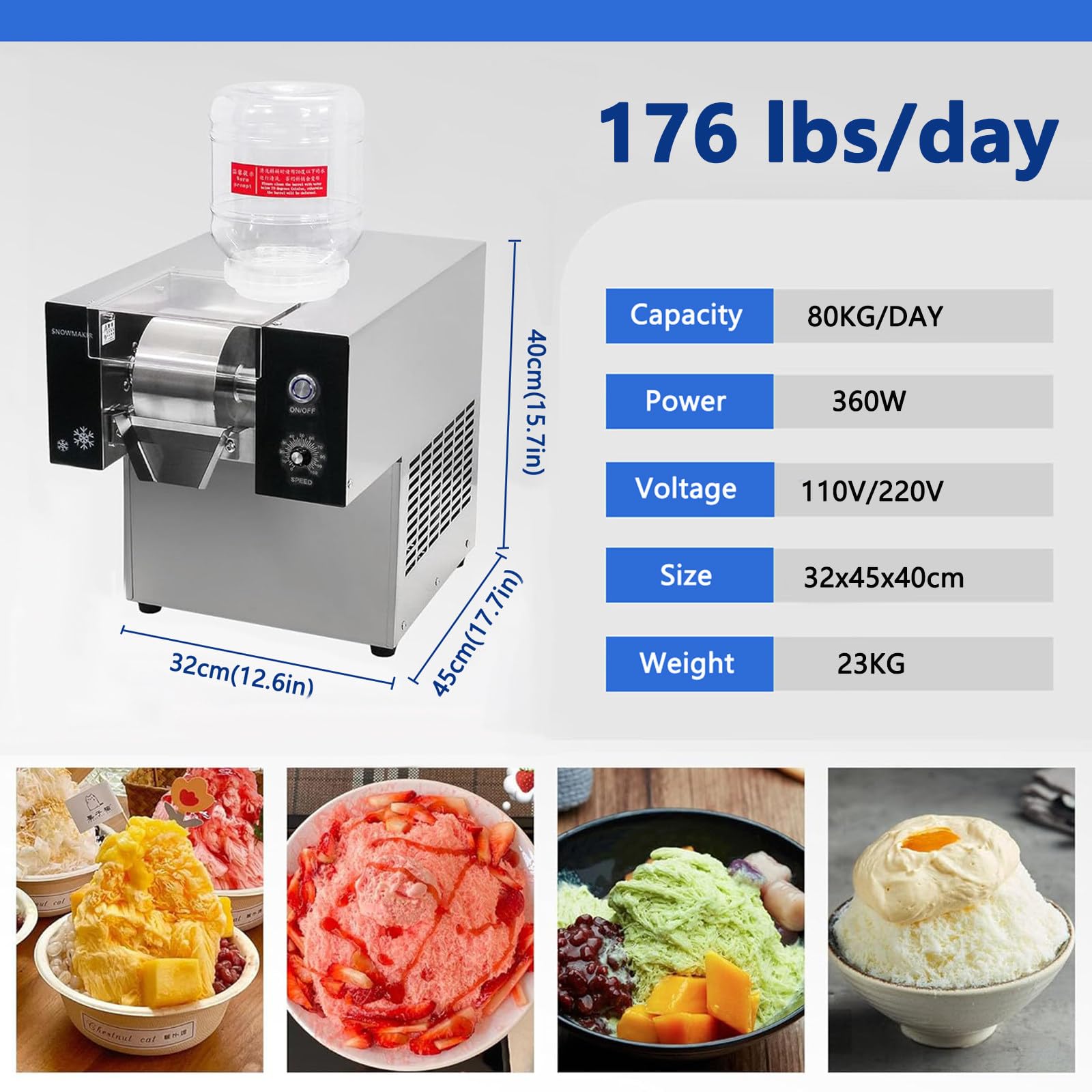 MáQuina EléCtrica AutomáTica para Raspar Hielo, Raspadora de Conos de Nieve, Capacidad de 176/275/374 LB/DíA, Fiestas, Food Trucks, Restaurantes y Tiendas de Té con Leche,176 lbs/Day