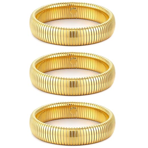 Gold Bangles for Women Set of 3 Chunky Stretch Bangles Bracelets 24K Gold Plated Stainless Steel Bracelets Flexible Wide Stack Bracelets Designer Look Alike Jewelry for Women
