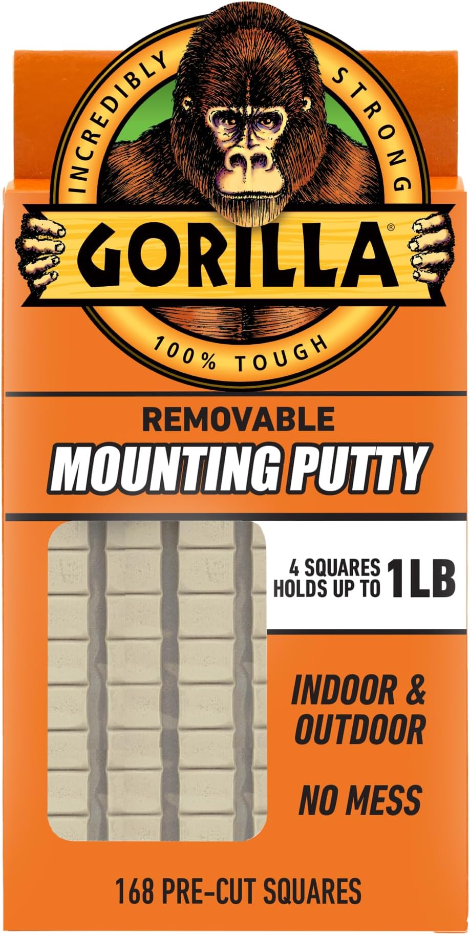 Gorilla Mounting Putty, Natural Tan Color, 168 Pre-Cut Squares (Pack of 1) - Non-Toxic Removable & Repositionable Wall Putty