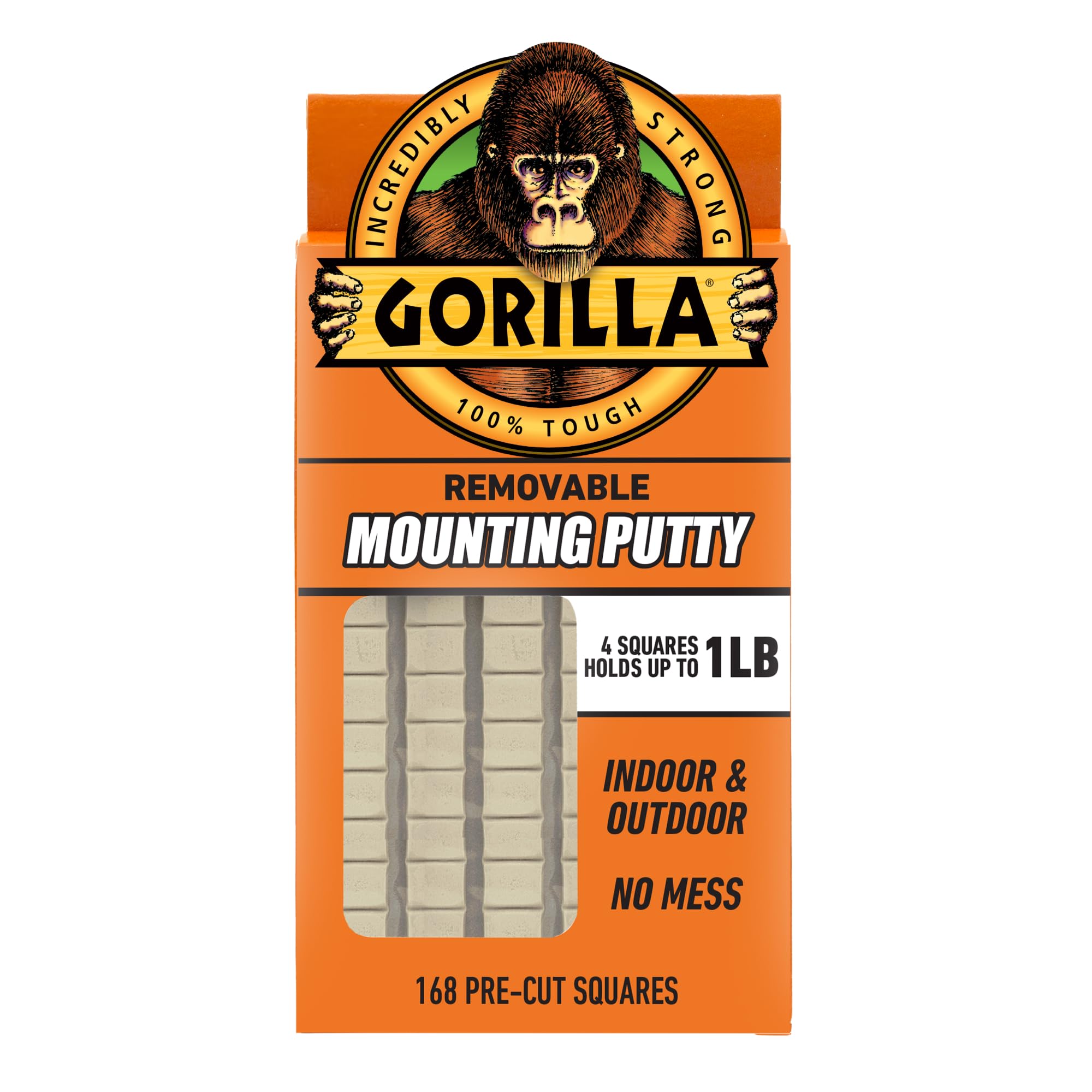 Gorilla Mounting Putty, Natural Tan Color, 168 Pre-Cut Squares (Pack of 1) - Non-Toxic Removable & Repositionable Wall Putty