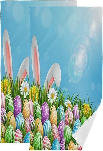 Juego de 2 toallas de cara de conejo con huevos coloridos de Pascua, toallas de mano, toallas de playa, baño y cocina, 30 x 15 pulgadas