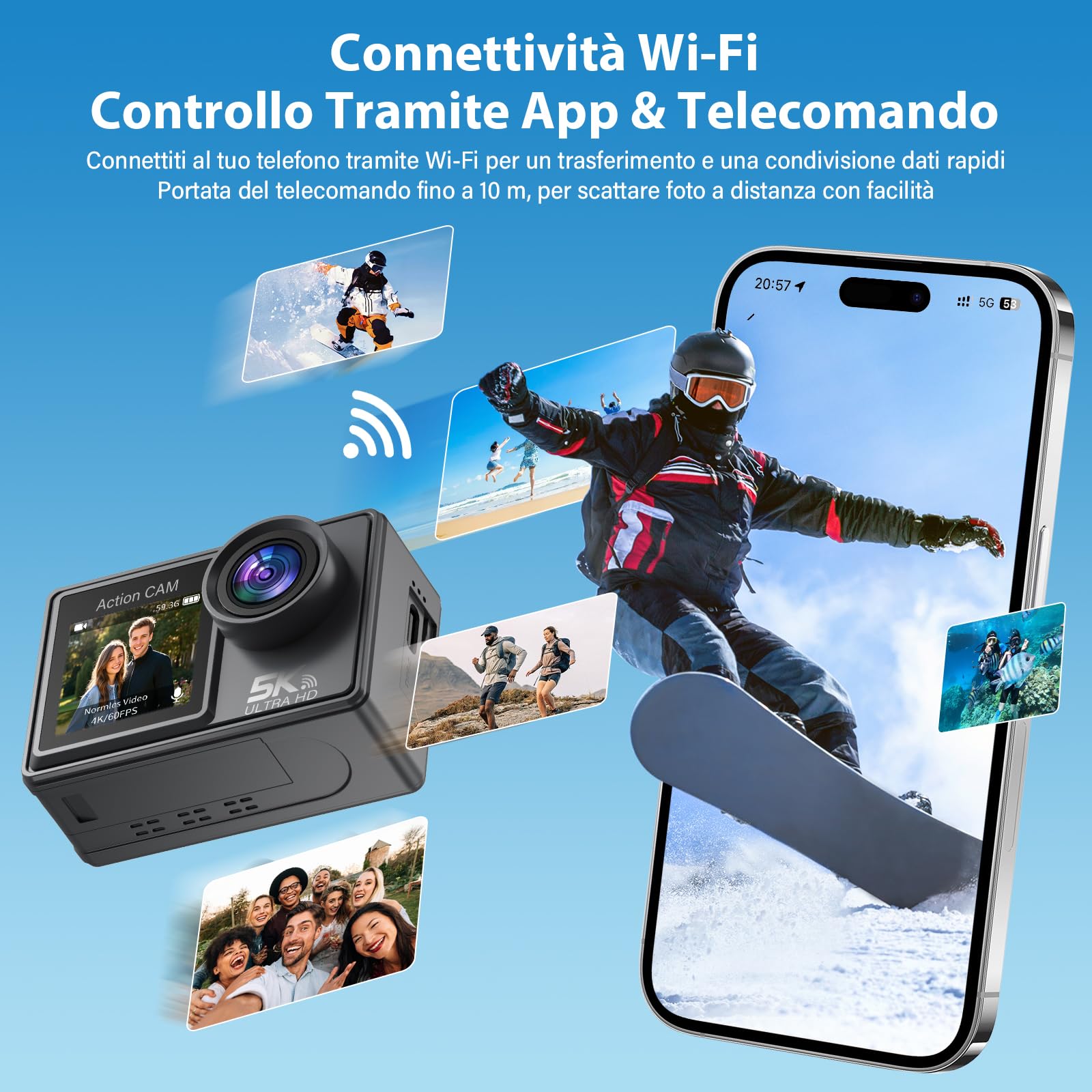 Action Cam 5K/4K 60FPS, 50MP Fotocamera Subacquea Impermeabile 30M, Action Camera con Scheda SD 64GB, EIS, Doppio Schermo, WiFi, Grandangolo 170°, Telecamera per Moto, Bicicletta, Vlog | 5 K 30 FPS / 4 K 60 FPS, foto 50 MP, telecomando incluso