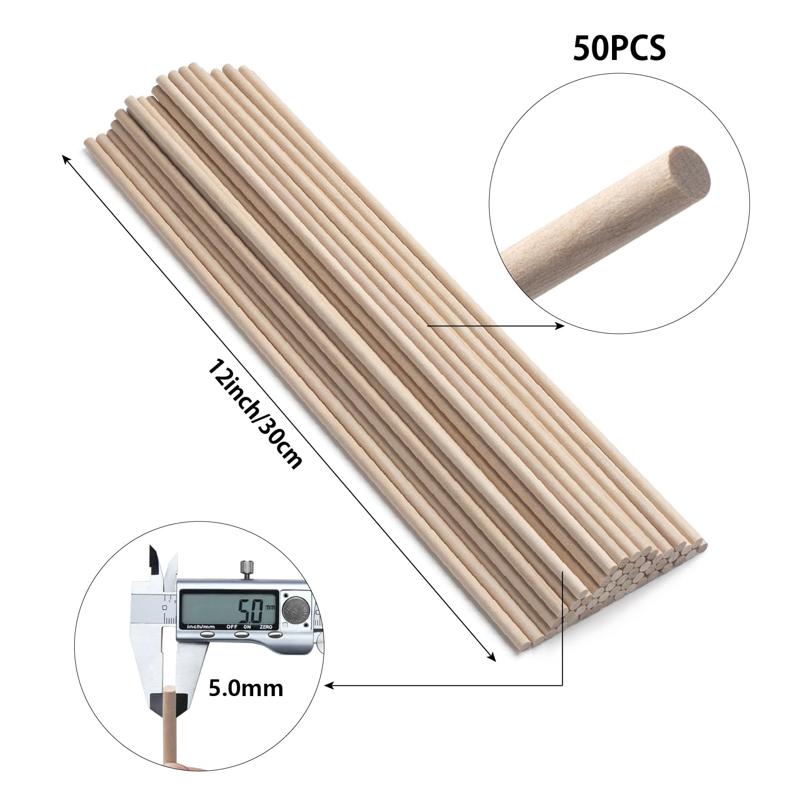 Wooden Dowel Rods Wood Dowels Wooden Sticks for Crafts 50 PCS 5 mm x 30 cm Round Macrame Sticks - Image 3