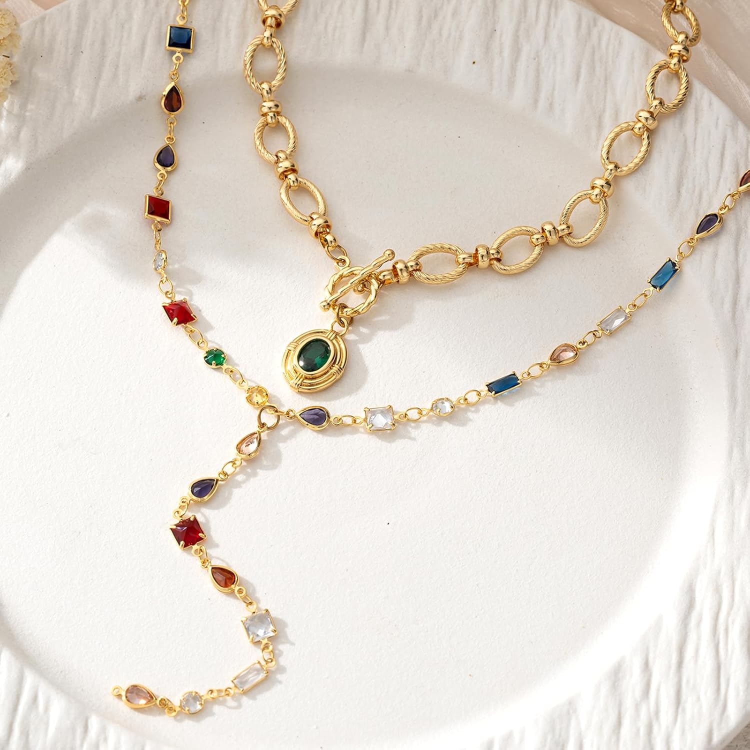 Gold Necklace for Women,Colorful Long Necklace 14k Gold Plated Y-Shaped Pendant Necklace Trendy Layered Cz Beaded Chain Drop Necklaces Simple Jewelry for Women Gift - Image 2