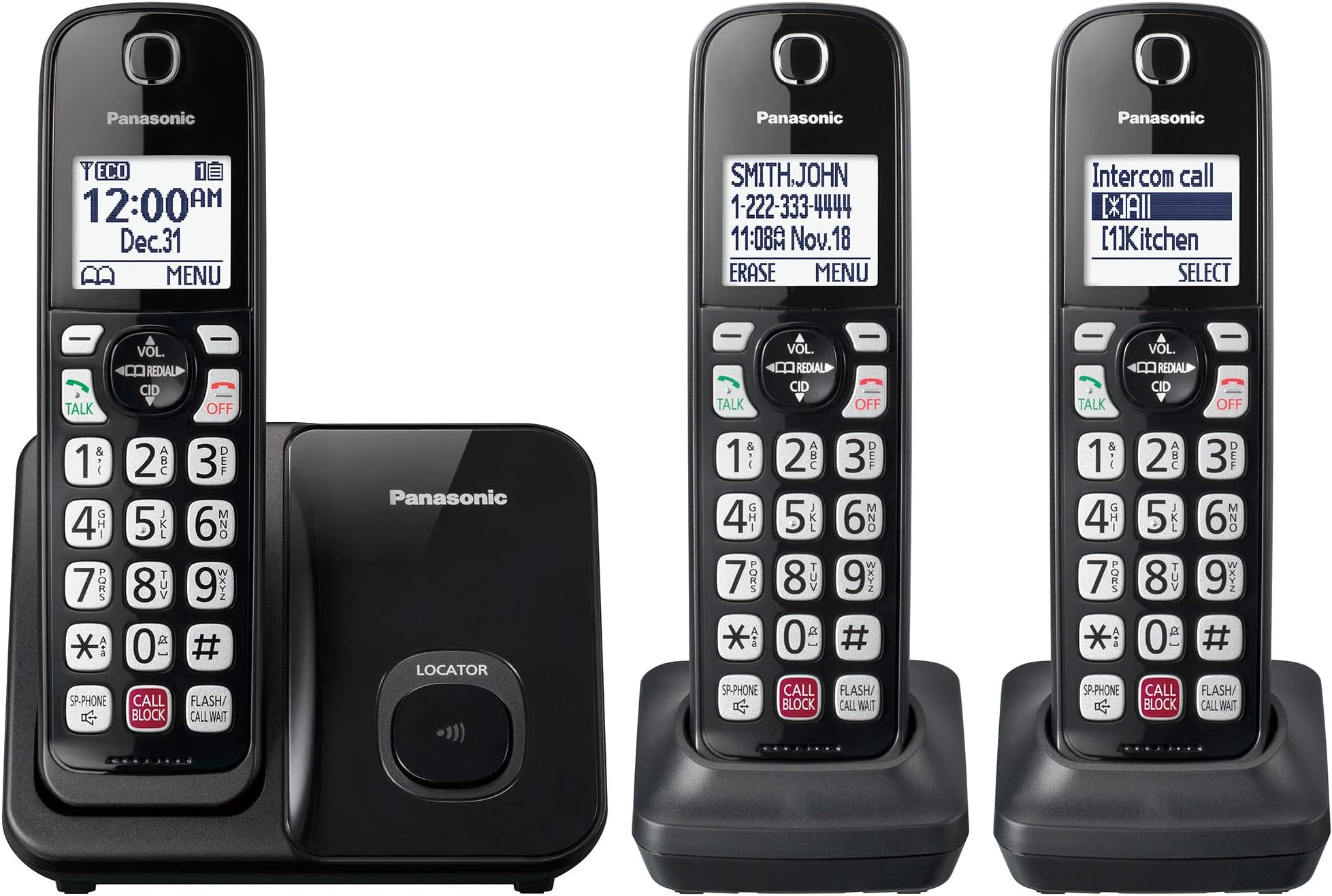 Cordless Phone with Advanced Call Block, Bilingual Caller ID and Easy to Read Large High-Contrast Display, Expandable System with 3 Handsets - KX-TGD813B (Black)