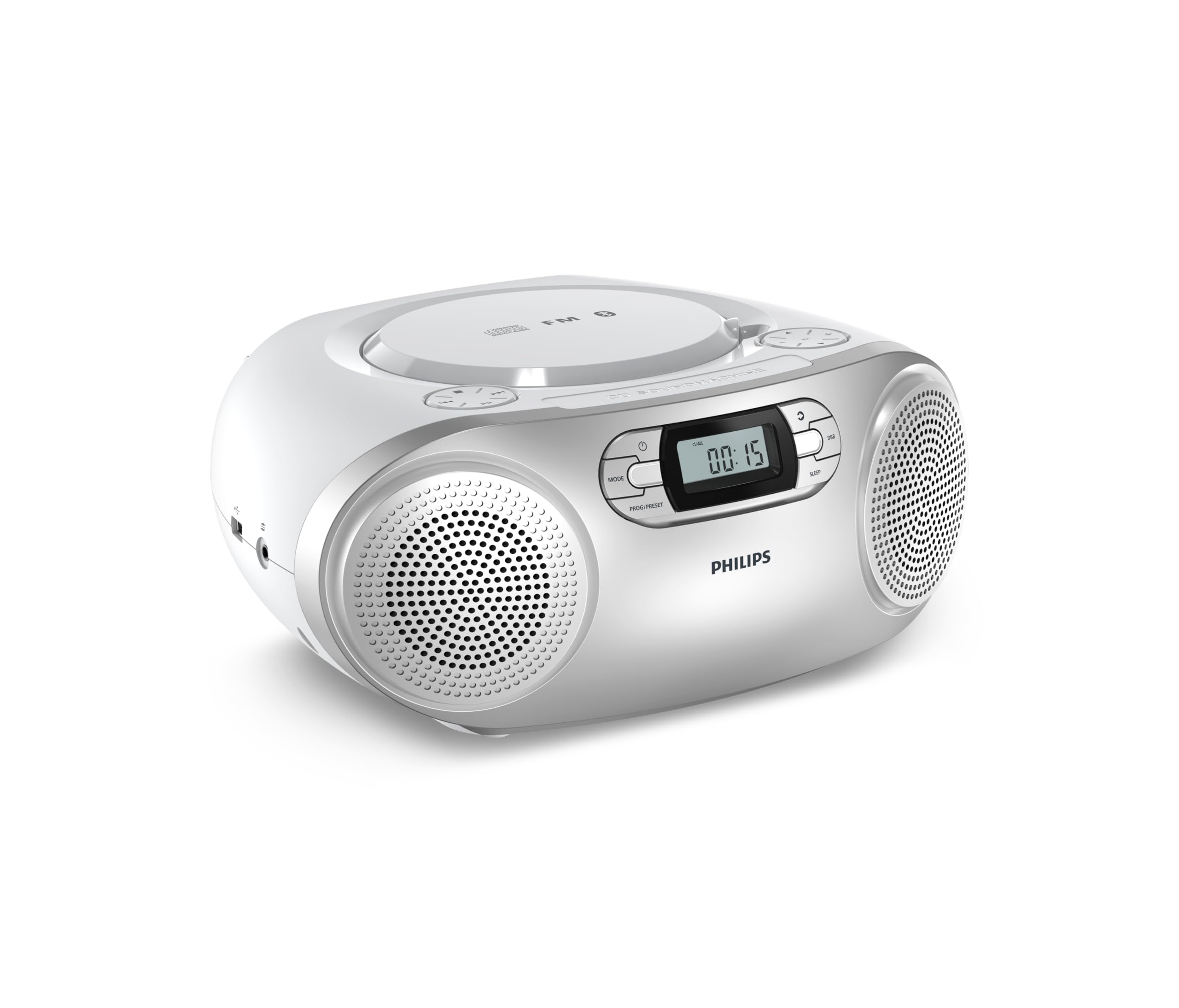 Philips TAZ2000 CD Soundmachine portatile CD con Radio FM, Bluetooth 6.0, Riproduzione USB, Ingresso audio, Boost bassi dinamici, Altoparlanti stereo 6W, CA/Batteria, Maniglia – Argento