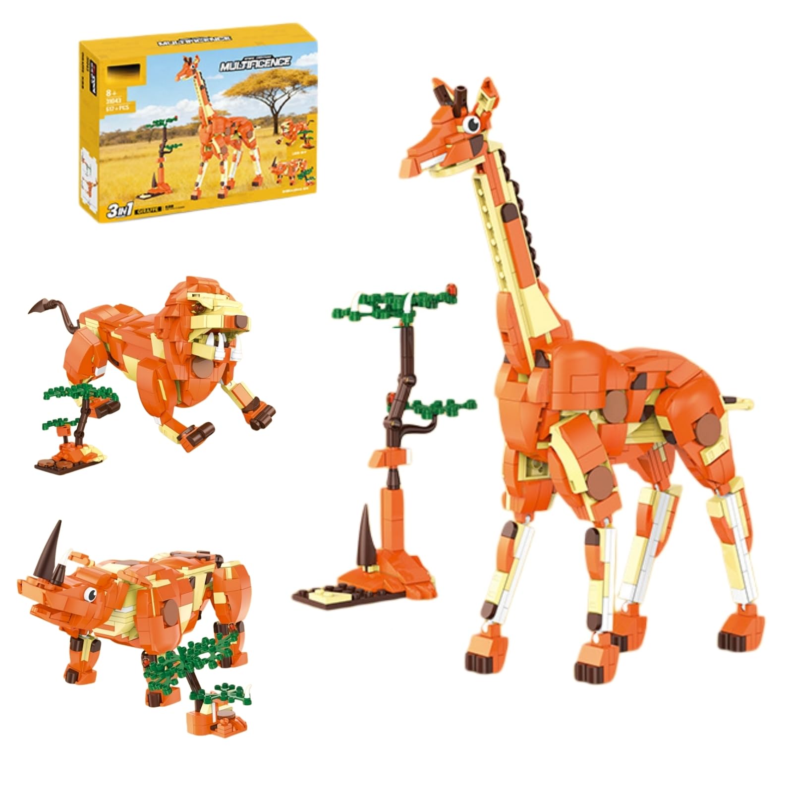 Fuleying Giraffe Building Blocks Set for Adult, 3 in 1 Safari Animal Figures Build a Giraffe, Lion or Rhino, Wildlife Display Model for Home Decor, STEM Educational Toy Birthday Gift （517 PCS）