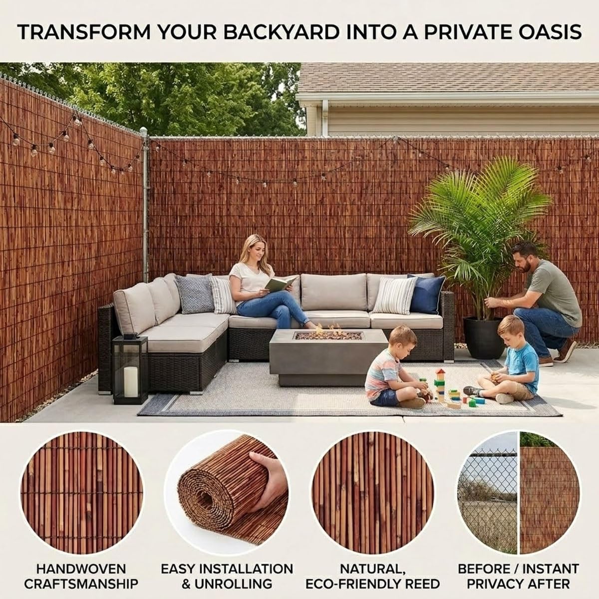 Rollo de Cañizo Natural para Ocultación de Balcón y Jardín, Pantalla de Cañizo Natural Decorativa, Protector Visual y Privacidad para Terraza, Valla Exterior Resistente(91x1067cm(3x35ft))