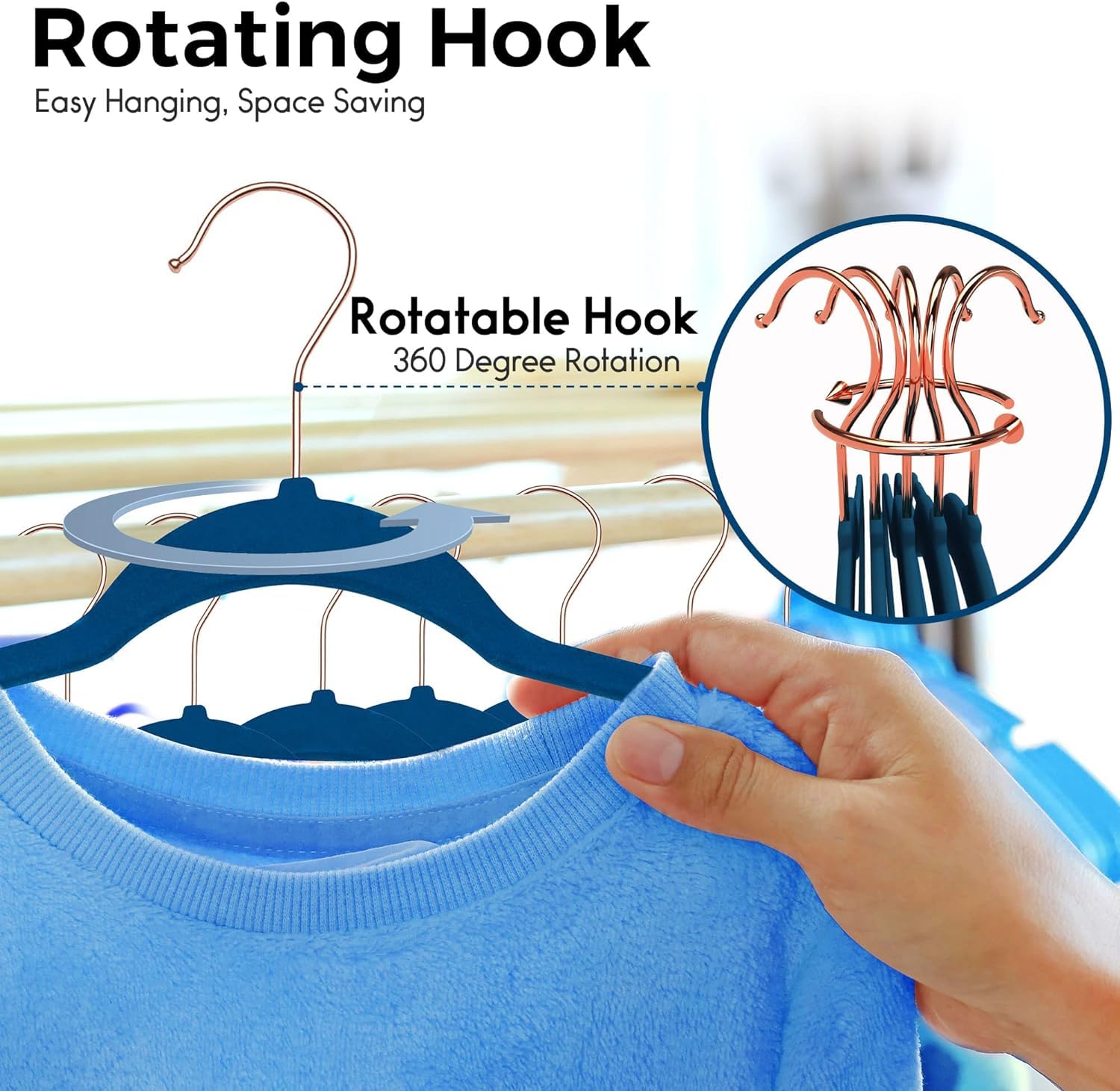 Revwd Velvet Clothes Hangers - Non-Slip Suit & Coat Hangers with 360° Swivel Hook | Heavy-Duty Slim Blue Hangers for Pants, Dresses & Shirts (Blue, Pack of 6) 2