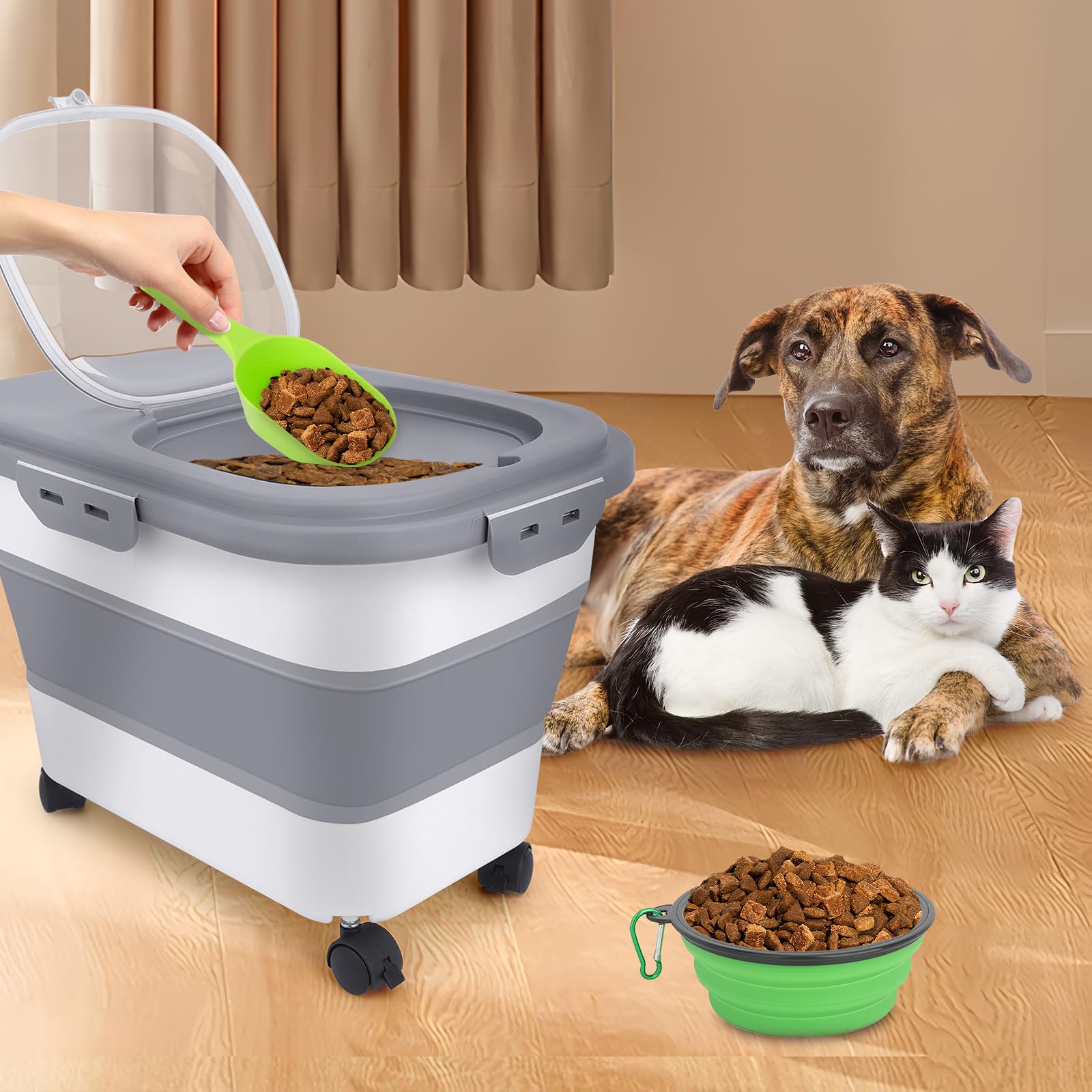 Hundefutter Aufbewahrung 7-10kg Faltbarer mit Rädern Schaufel Messbecher Hundefutternapf Futtertonne Hund Uftdicht Box Futterbox