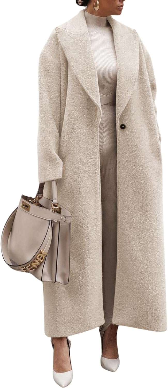 ebossy Women's Fashion Notched Lapel Single Breasted Open Front Maxi Long Trench Coat Woolen Overcoat with Pockets