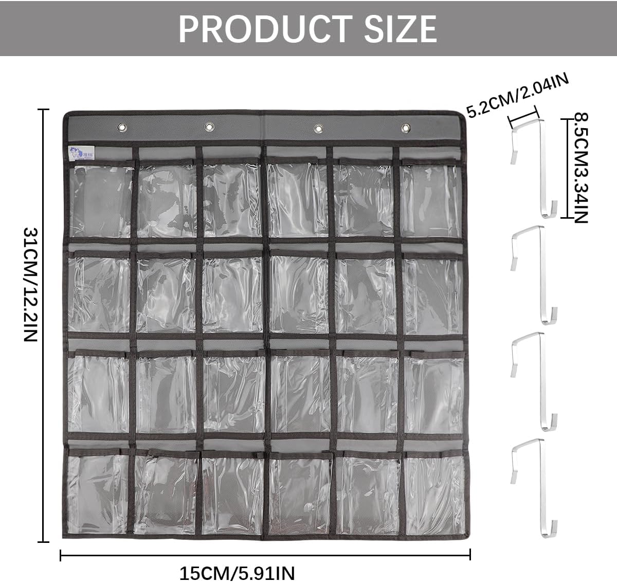 Classroom Pocket Chart for Phones & Headphones - Over The Door Organizer with 24 Clear Pockets & 4 Metal Hooks, Heavy-Duty Fabric for School, Home (Grey) image 2