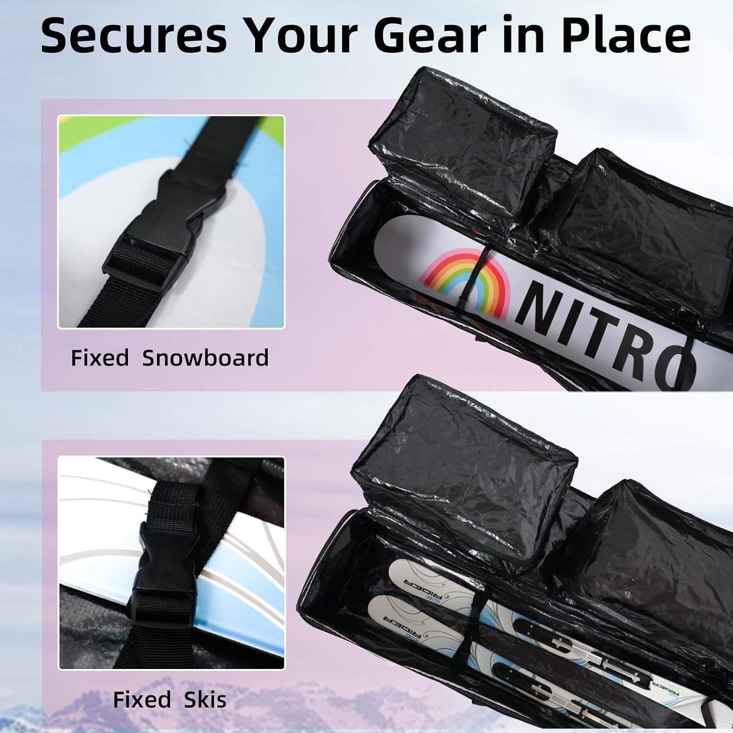 AUMTISC Padded Snowboard Bag with Wheels, Rolling Ski Bags for Air Travel with Storage Gear Pockets, Ski Luggage Bags Fits Single Board/Double Skis, Snow Board Bag Adjustable Length 165-175 cm