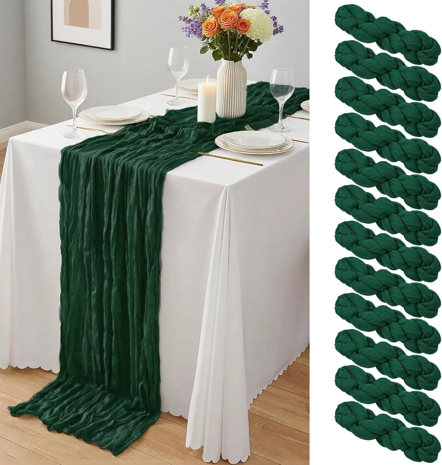 Cheesecloth Table Runner 21.5 x 120 Inches Boho Gauze Table Runners 10FT Long Cheese Cloth Table Runner for Bridal Shower Baby Shower Birthday Party Wedding Decor（16 Pack, Dark Green）