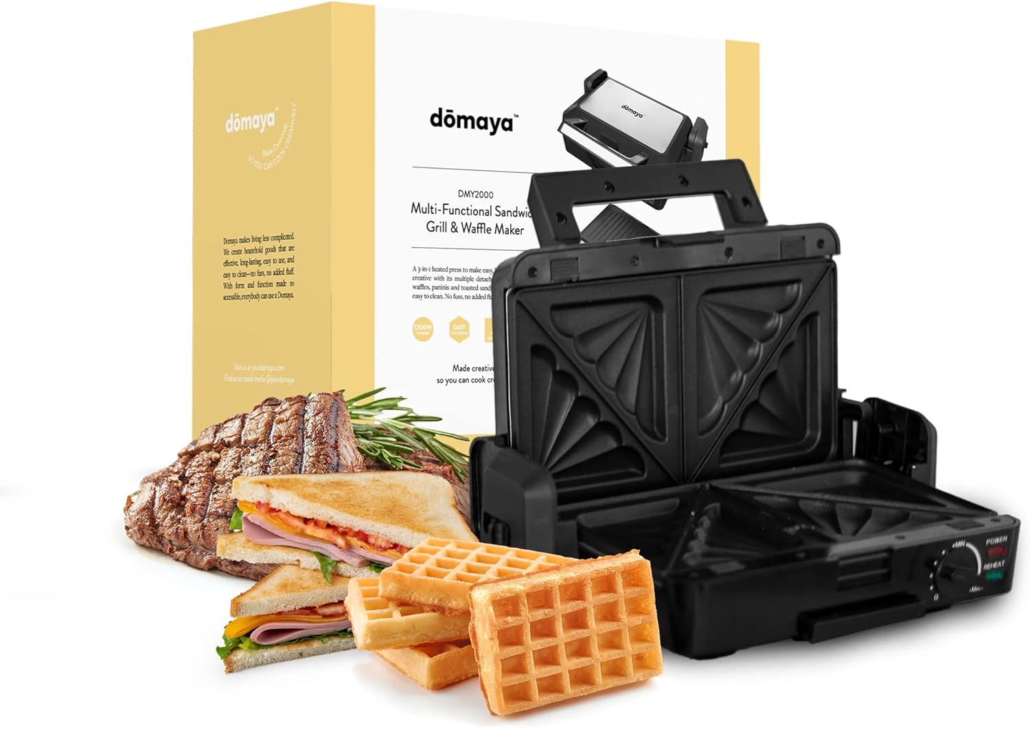 Domaya Sandwich Maker 3 in 1, Panini Grill and Waffle Maker with Removable Plates