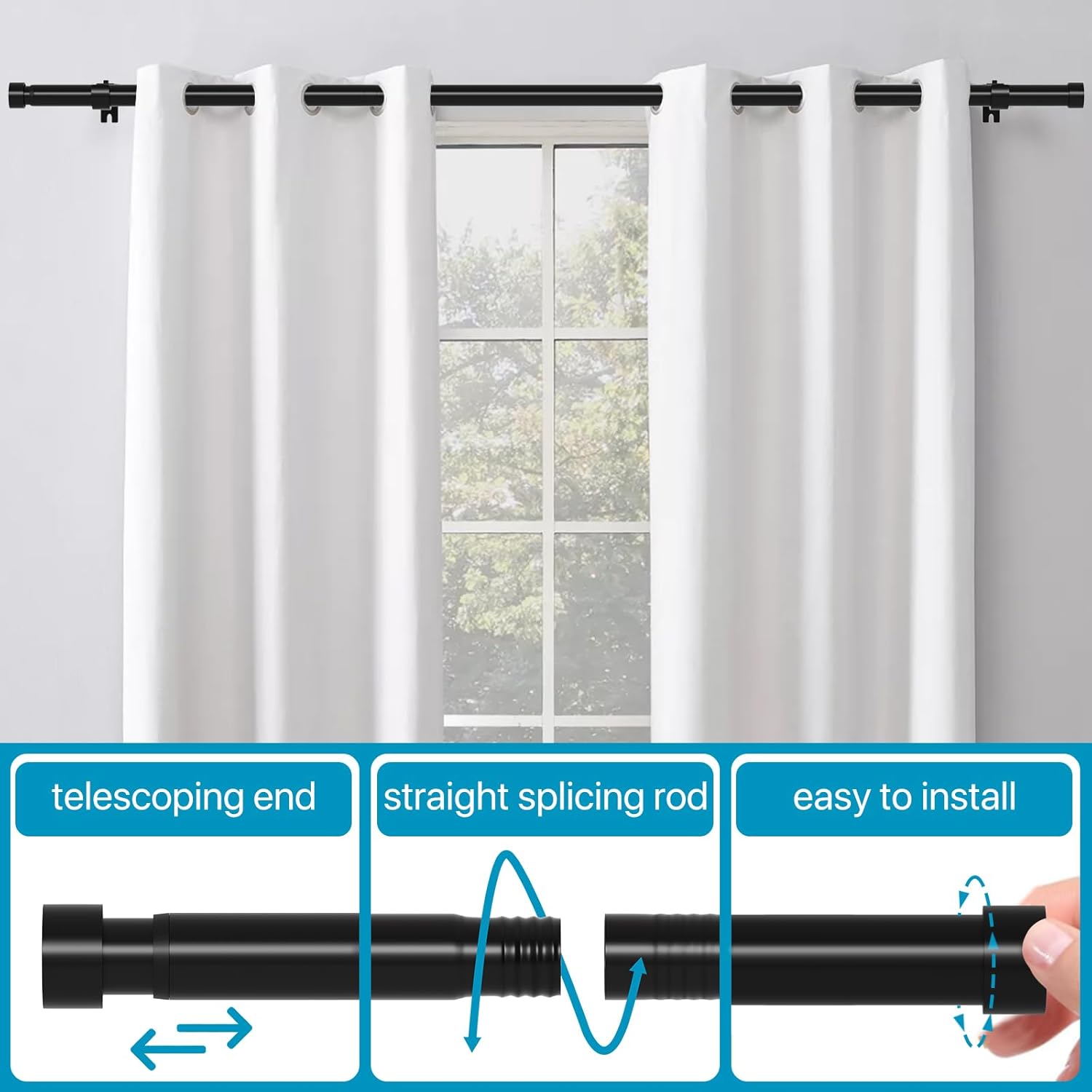 Extra Long Curtain Rods 120-inch to 214-inch, 1 inch Heavy Duty Drapery Rod for Outdoor Patio, Living Room, Bedroom, Sliding Door, Modern Black Curtain Pole Adjustable 10-17.5ft